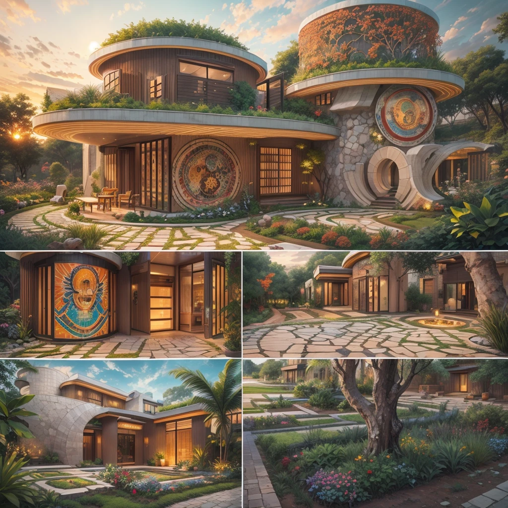 A Villa,tribal style,afofuturism,Postmodern,external garden, tribal sculpture、mosaic stone road,the sunset,