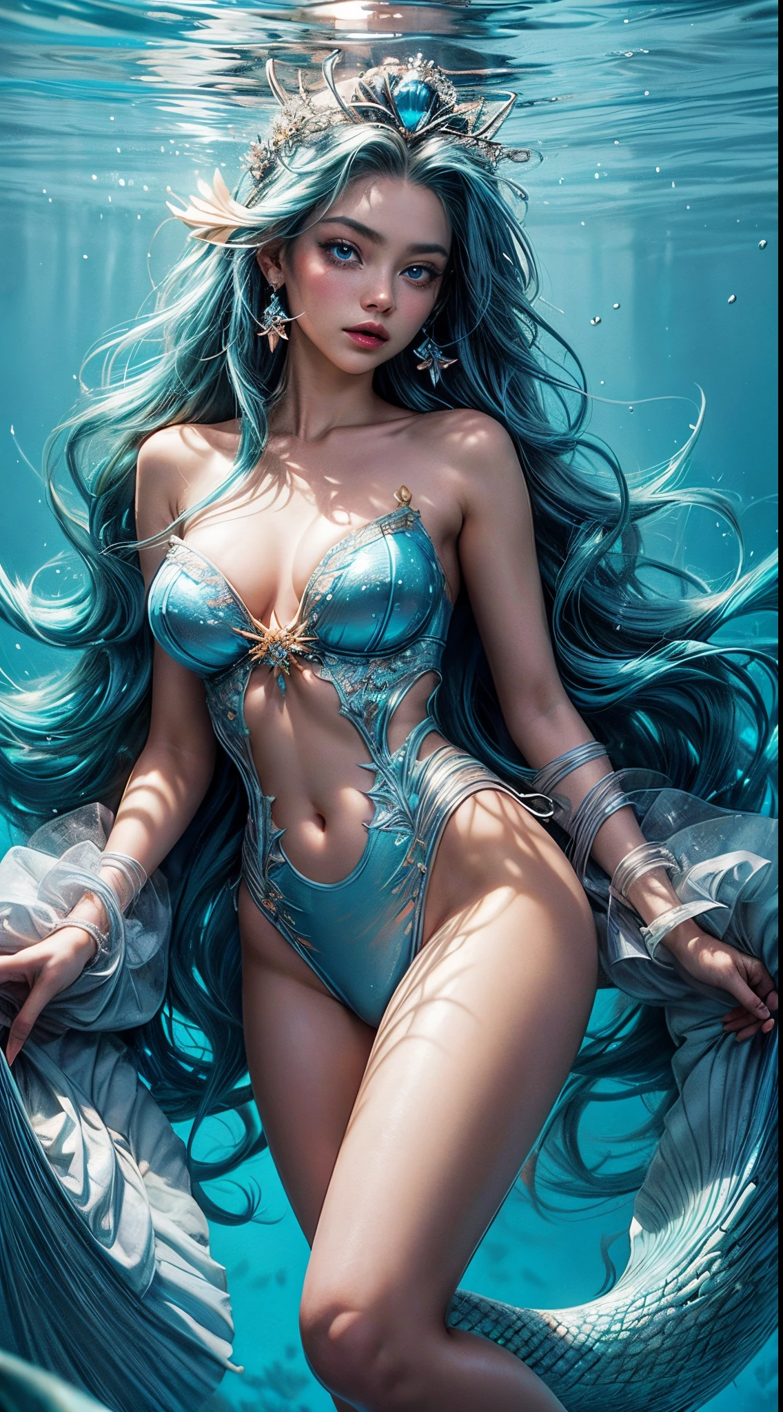 Sapphire Mermaid Princess, (Aqua-Blue hair), ((big hair)), double eyelid, slender figure, exalted expression, perfect skin, (Mermaid), light-blue eyes, Princess of the 7 Seas, (Underwater), (Coral-Palace Background), (glowing Particles:1.2), (Cold Light:1.2), (Lingerie set with Sapphires), extremely beautiful eyes