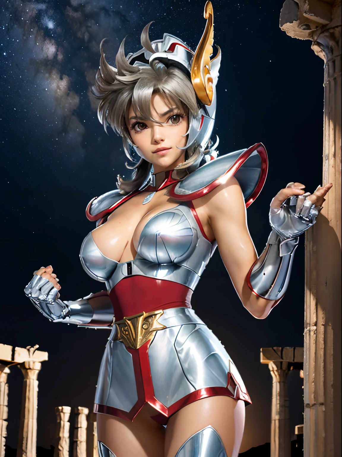 masterpiece, best quality, ultra high res, realistic skin texture,silver armor, armature, (photorealistic:1.4), high resolution, raw photo, 1 girl, shiny skin, (detail skin:1.2), realistic skin texture, best lighting, wearing red panty, (perfect breast:1.3), sparkle, mecha armor, (short hair:1.2), (Pegasus Seiya:1.2), wearing a winged helmet, dramatic lighting, dynamic pose, (greek temple background:1.3), night sky, cosmos, milky way,