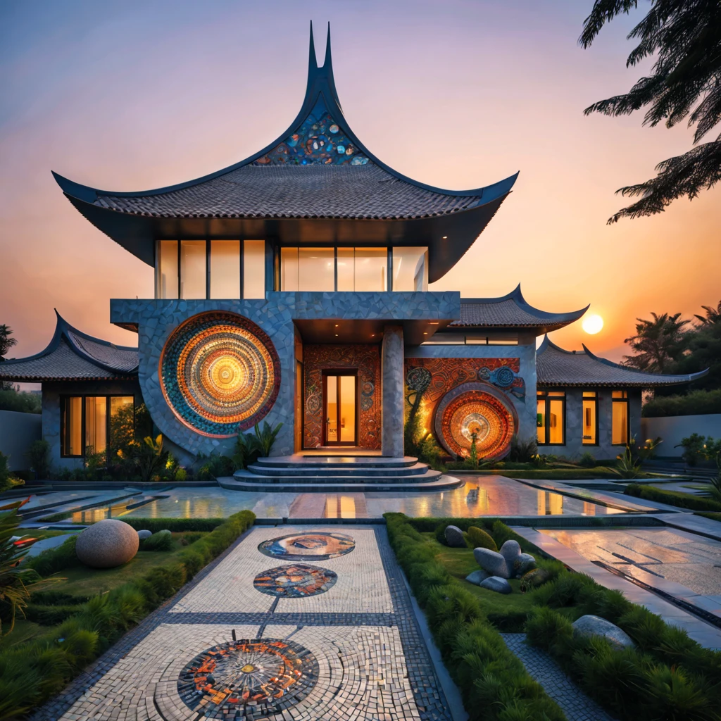 afofuturism，Tribal style villa，Postmodern，external garden, tribal sculpture、mosaic stone road,the sunset,