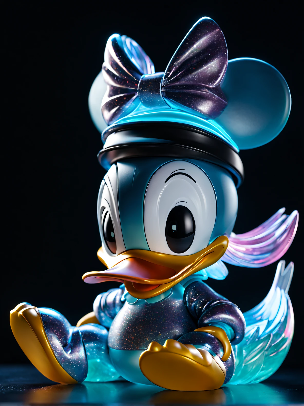 Full body lesbian, super adorable [donald duck], fluorescent translucent holographic pajamas, blindbox, POMAT DESIGN, Exaggerated expressions, fluorescence, holography, Diamond gloss, metalictexture, fluorescence, holography,  Soft lighting,,precision mech parts, Close-up cleavage, 3D, ultra - detailed, c4d, Octagonal rendering, Blander, 8K, k hd