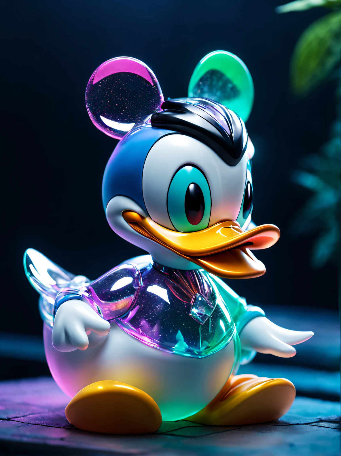 Full body lesbian, super adorable [donald duck], fluorescent translucent holographic pajamas, blindbox, POMAT DESIGN, Exaggerated expressions, fluorescence, holography, Diamond gloss, metalictexture, fluorescence, holography,  Soft lighting,,precision mech parts, Close-up cleavage, 3D, ultra - detailed, c4d, Octagonal rendering, Blander, 8K, k hd