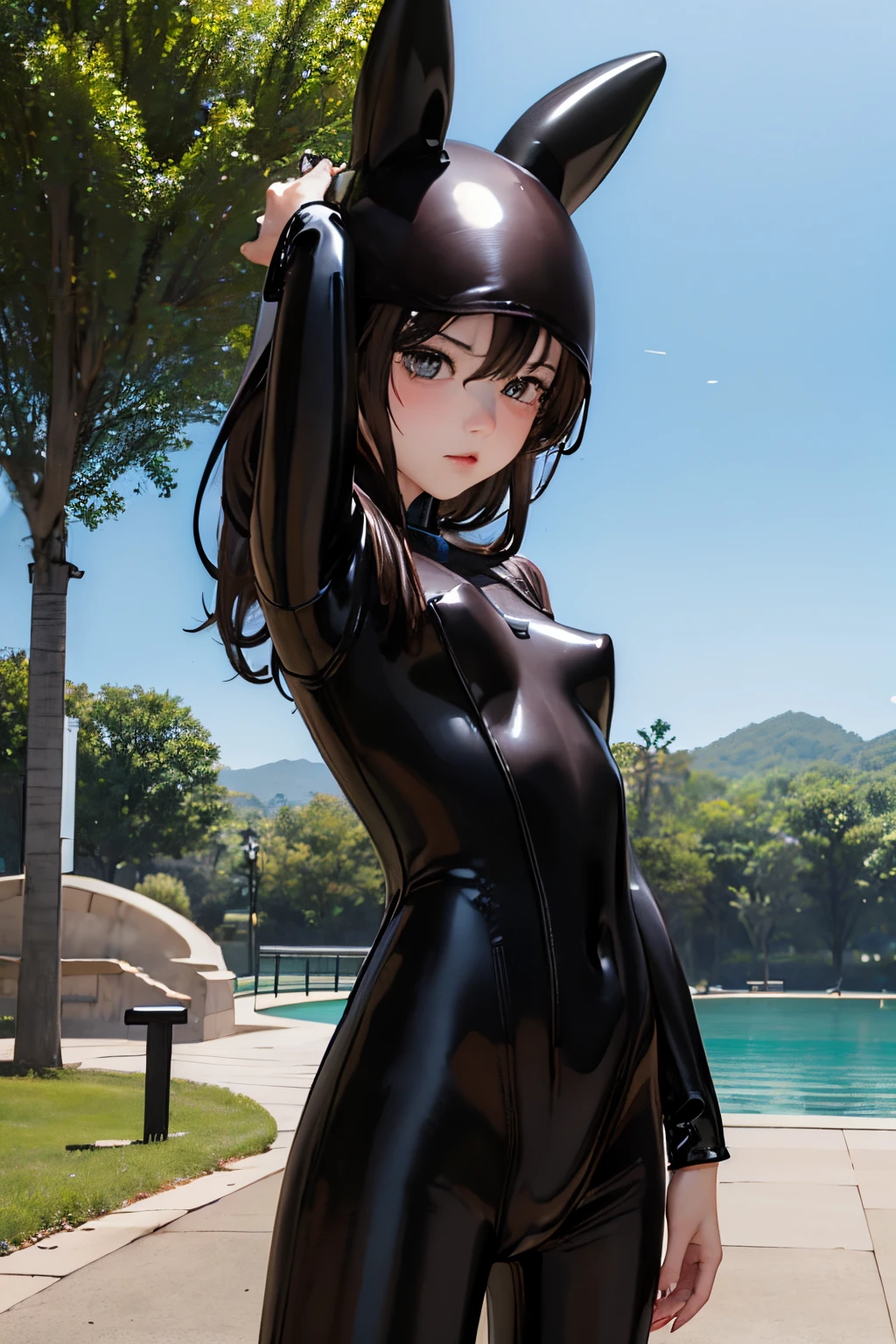 the real thing、1人、ligh brown hair、Longhaire、Twin-tailed、Bewitching face、Green eyes、Infant body shape、((small tits))、((rubbersuit:1.5)), The nipple is visible、((big breasts thin waist))、a wet body、cowboy shot、Forward-facing、Shiny body、pee、Looking at the camera、((genitals are visible))、Shooting from the side、masterpiece、top-quality