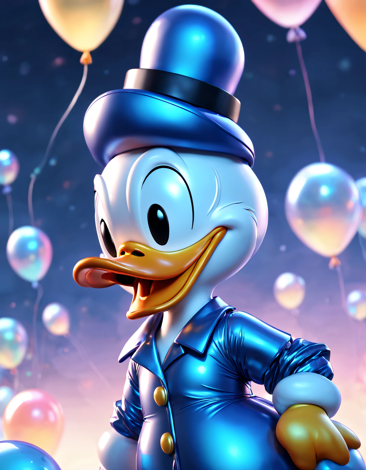 Full body lesbian, super adorable [Balloon Donald Duck], Blue light fully transparent holographic pajamas, blindbox, POMA DESIGN, Exaggerated expressions, fluorescence, holography, blueglow, holography,  gentlesoftlighting, Close-up cleavage, 3D, ultra - detailed, c4d,  Octagon rendering, Blander, 8K, k hd