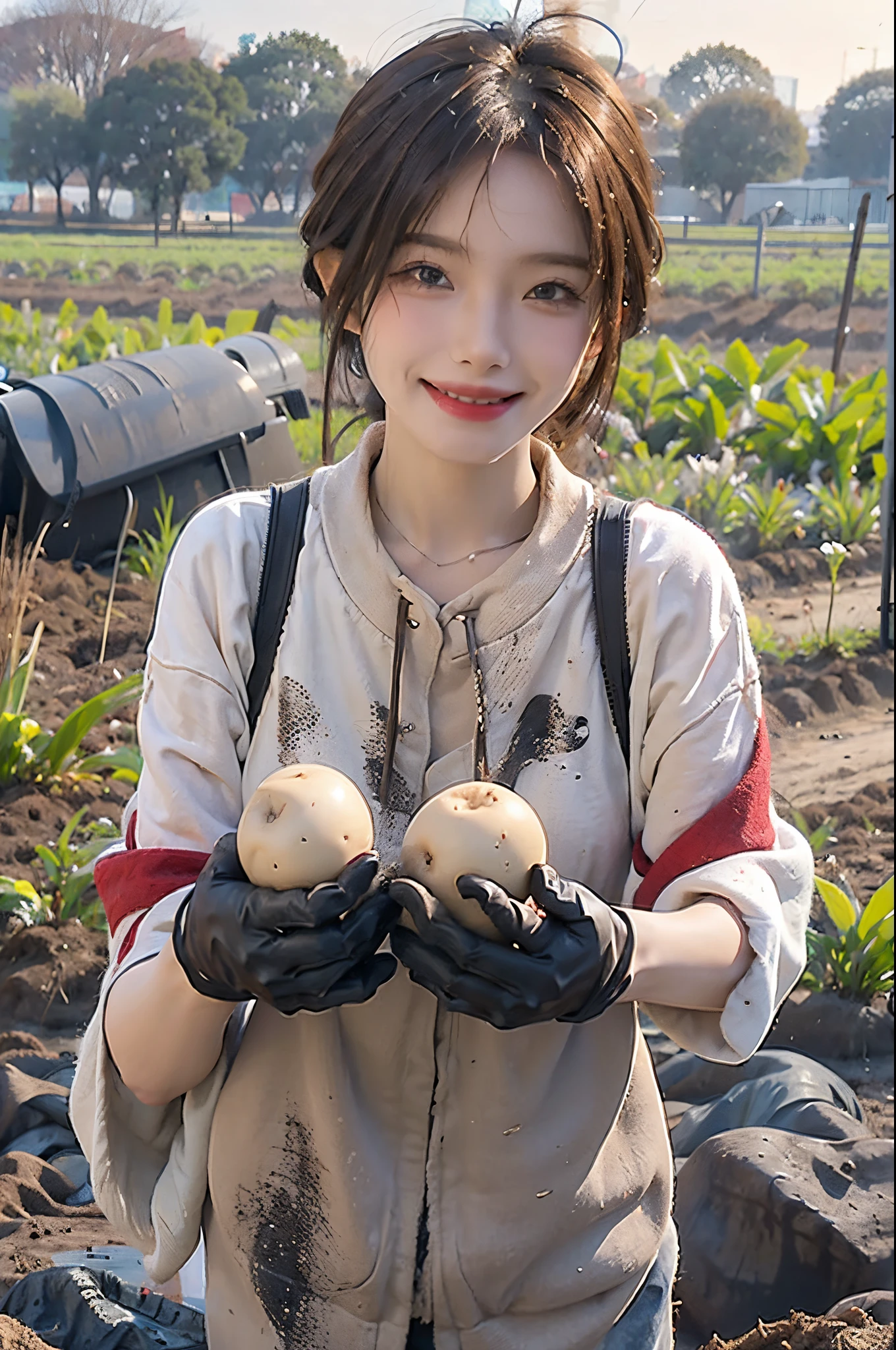 In the fields, A smiling woman covered in dirt and mud is holding a potato while wearing gloves. she is working hard in the field, Her smile reflects joy and contentment.
Brunette disheveled hair、28 year old