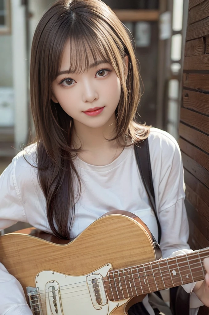 finely detail, hight resolution, hightquality、Perfect dynamic composition, Beautiful detailed eyes, Medium Hair, small tits、Natural Color Lip,Kamimei、Shibuya、20 years girl、1 persons、Transparent skin、Glowing hair、A smile、masutepiece, Best Quality, Illustration, Ultra-detailed, finely detail, hight resolution, 8K、The correct state of the 、crouching down、Gravure Model Pose，Hair soaring in the wind、（holding an electric guitar）、（white  shirt）