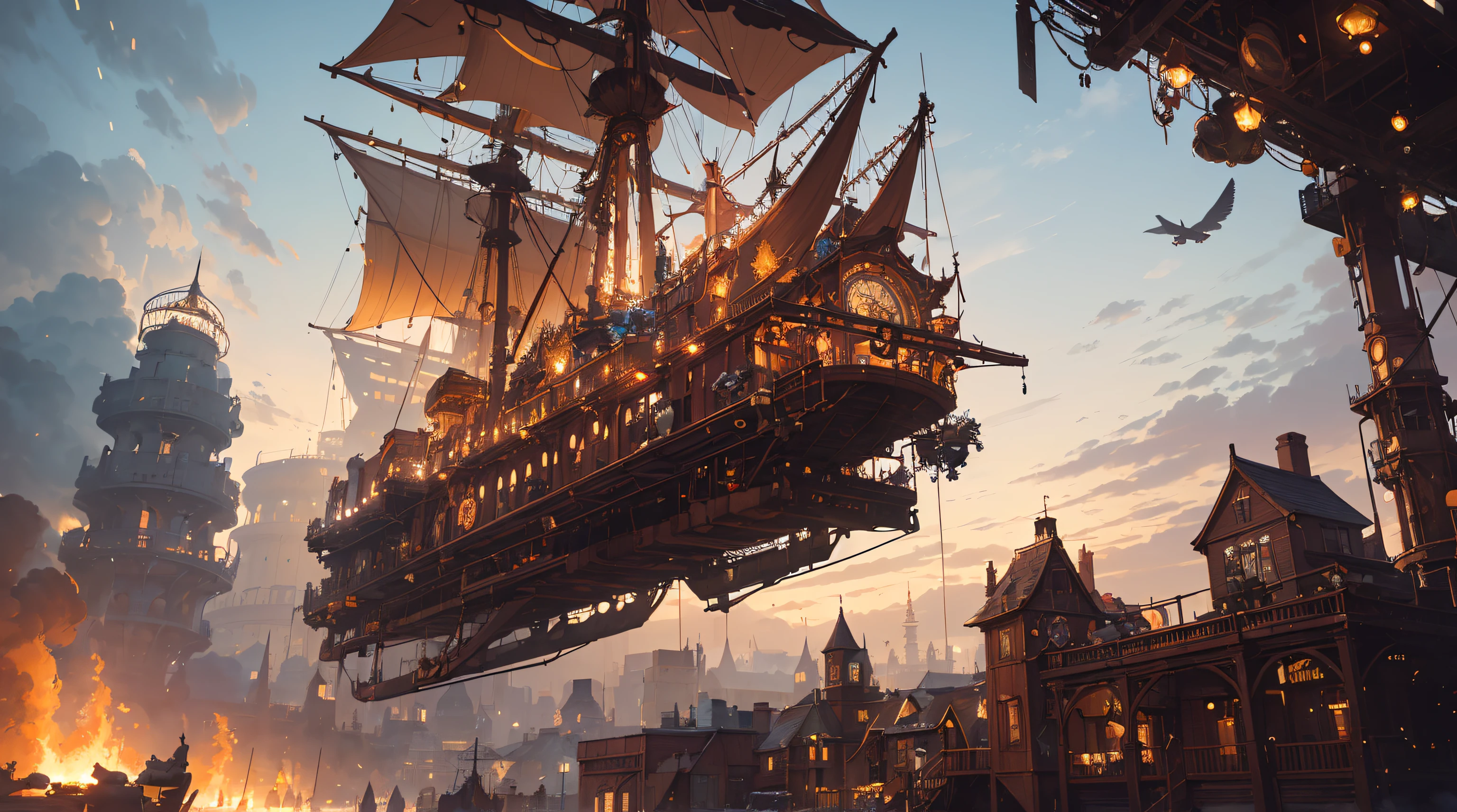 ((Magnificent and ultimate background image)), ((Steampunk)), Gothic, (Vivid colors), (3D multi-layered structure with lots of steampunk machines , steam and chimney) steampunk adventure cityscape)), (steampunk gear decoration: 1.2), (epicd: 1.3), (Best Steampunk Adventure Stage: 1.3), super high rise break, ((A neatly decorated steampunk Victorian 1 airship:1.2, Airships are equipped with turboshaft engines to fly in the sky, Ships with engineering design in mind:1.4)), (The ship is placed on its side for a better view.:1.3), BREAK, (masutepiece: 1.4), Super Resolution, ((Insanely detailed)), Sense of depth, (Super colorful pastel art is displayed full screen: 1.3), Old punk-ish, ((All Pages, 18th century ,Victorian)), (NOhumans: 1.5), (The ultimate single illustration:1.3), (Composition where you can&#39;t see much of the sky), (ccurate)