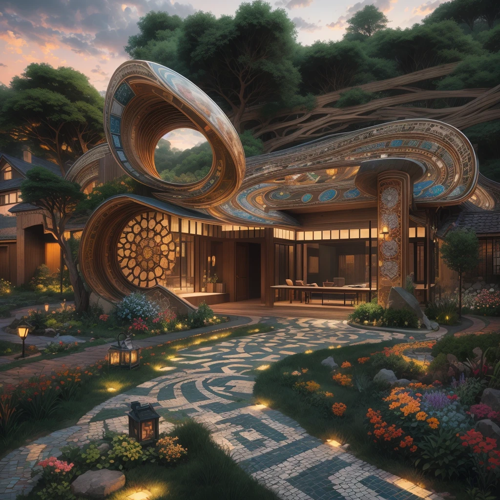 afofuturism，Tribal style villa，external garden, tribal sculpture、mosaic stone road,the sunset,