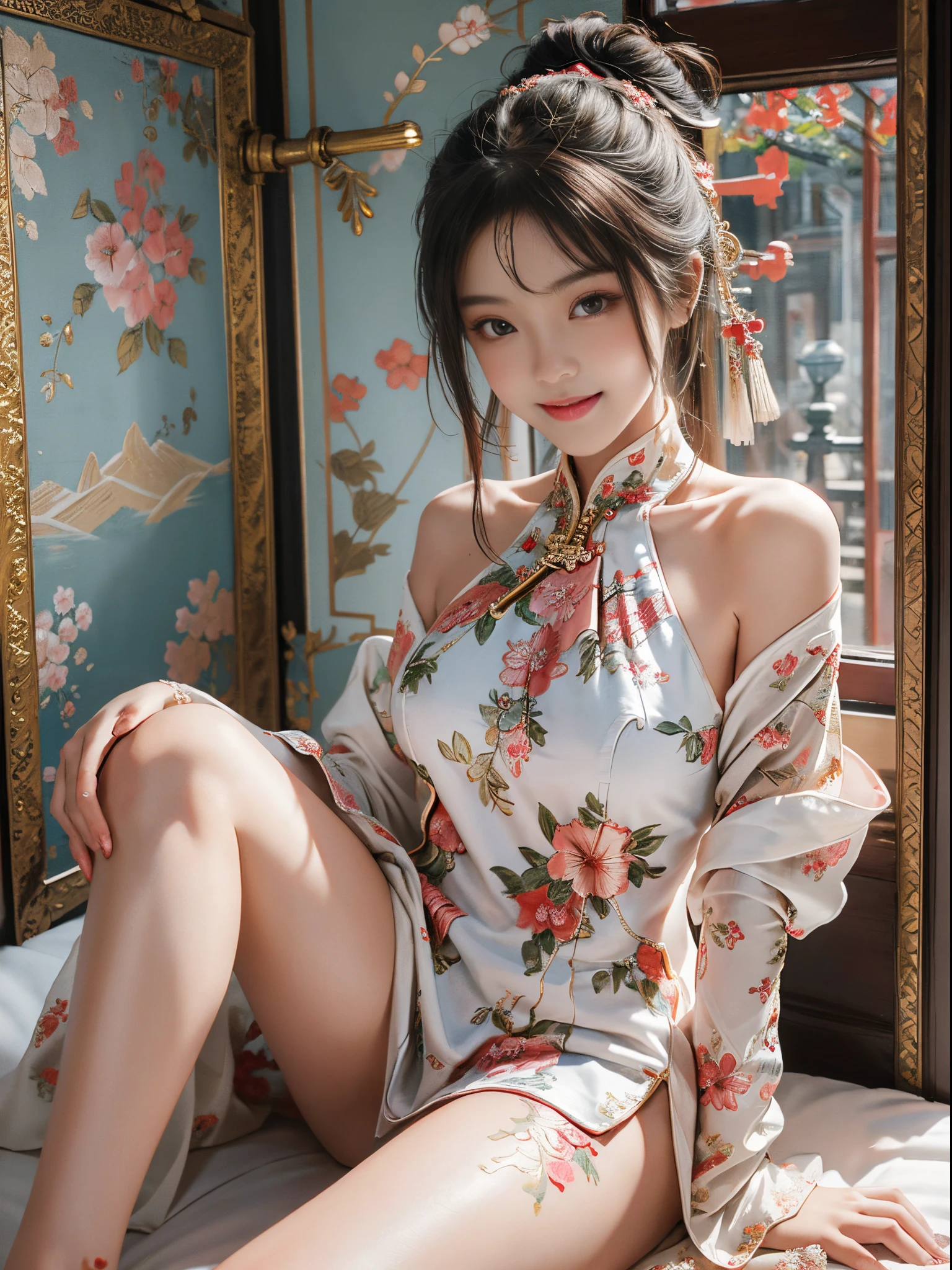 (knee shot),Pretty girl, young female model, Sweet maiden, Special clothes43,hair bun,china dress,hair ornament, inside in room, Antique ornaments, Lying in bed, Cross ed leg, tmasterpiece, best qualtiy, Extremely detailed description, Ultra-fine painting, delicated face, slim toned body,grin, Hefty Smile