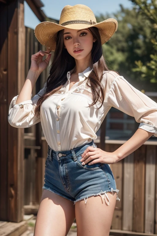 (best quality, high resolution, 8k, ultra-detailed, realistic:1.37), cowgirl, cowboy hat, denin shorts over beige tights