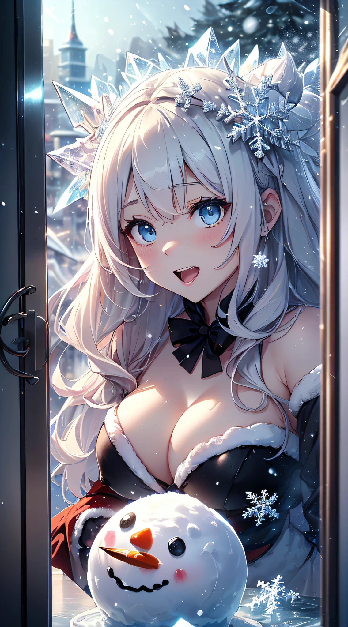 top-quality、Top image quality、masterpiece、teens girl((black santa cosplay、、teen ager、Best Buast,Beautiful light blue eyes、Breasts wide open, a blond、A slender,Large valleys、dye one's cheeks red、Leaning forward、White breath、Reflecting the whole body、Laugh、all-fours、star nipple seal)),hiquality、Beautiful Art、Background with((crystal city at night、snowflakes falling、Heavy snow falls、snowman、ice tower model、A world where snow piles up)))、masutepiece、depth of fields,