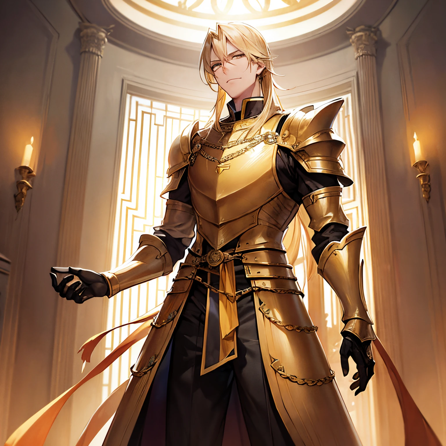 Tall ((man)), yellow eyes, blonde hair, wearing a golden set of armor, in the heaven, looking at the viewer, cowboy shot, masterpieces