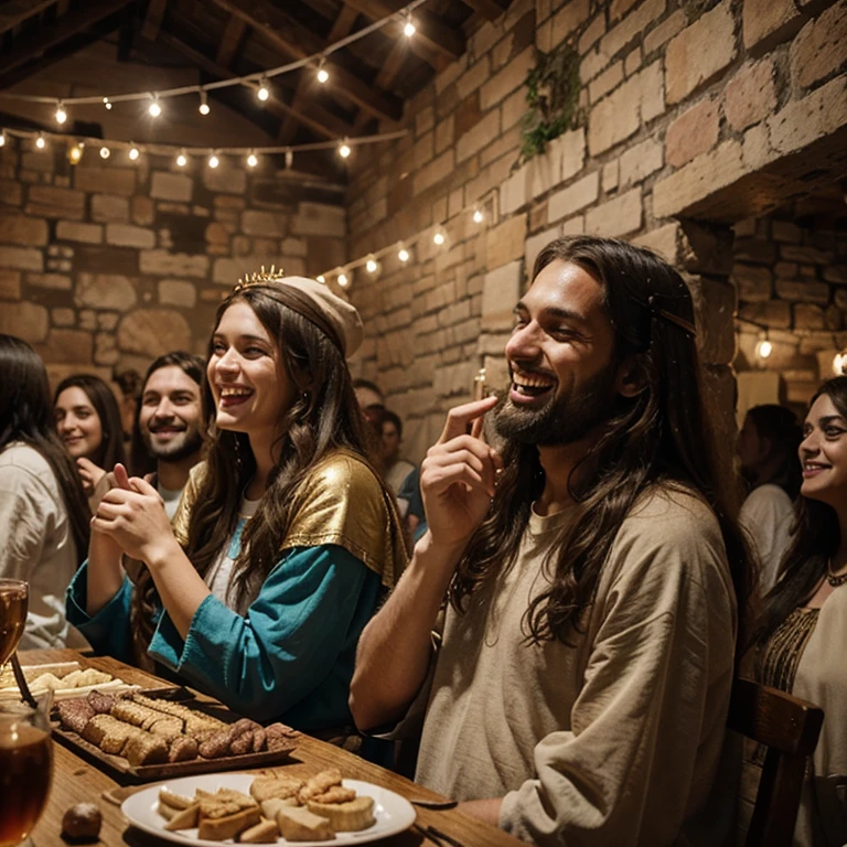 Party with many people laughing, biblical era, Jesus style clothes