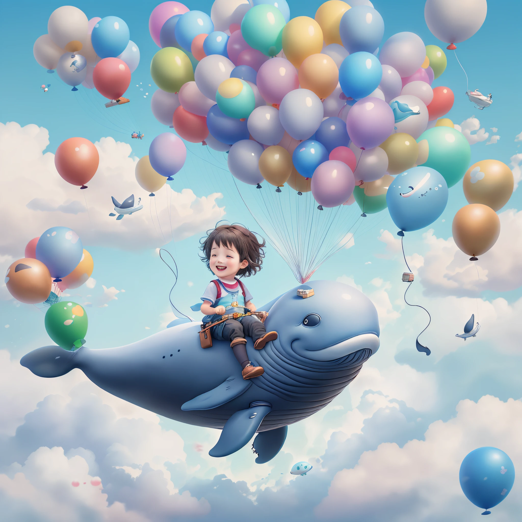 ((1  riding a whale made of balloons))，Laugh happily，Fly in the clouds，balloons，with blue sky and white clouds，looks into camera, Cute and detailed digital art, lovely digital painting, Cute balloon whale, Lovely detailed artwork, Cute 3d rendering, digital painting very detailed, Cute and colorful, adolable, Highly detailed digital artwork, Detailed and colorful