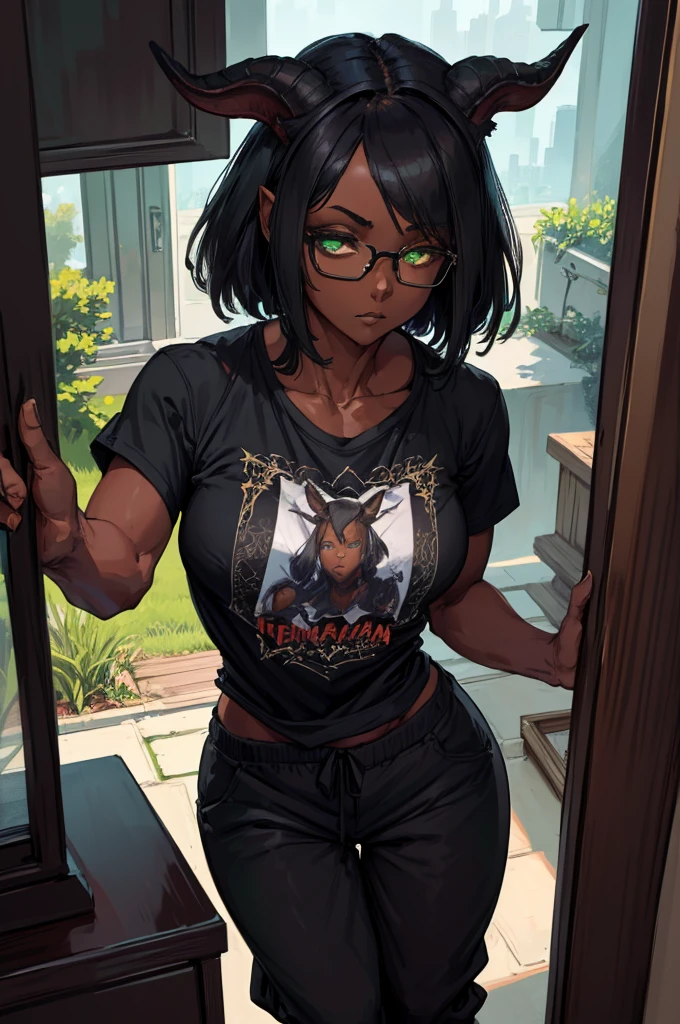 (Masterpiece) (High Detail) (High Res) (Black Skin) Looking from above A young black humanoid FutEred with dark skin and ebony flesh and green eyes and short black hair and goat ears and short dark goat horns and a toned body and small to average breasts dressed like a nerd wearing a loose t-shirt and sweatpants and glasses playing video games