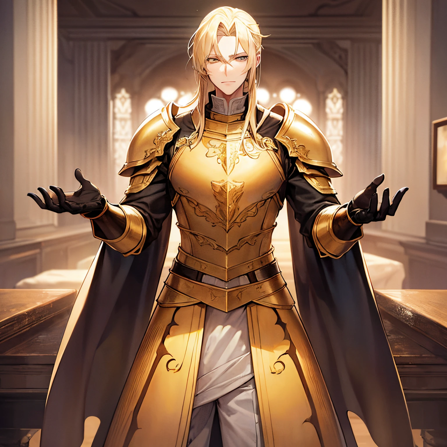 Tall ((man)), yellow eyes, blonde hair, wearing a golden set of armor, in the heaven, looking at the viewer, cowboy shot, masterpieces