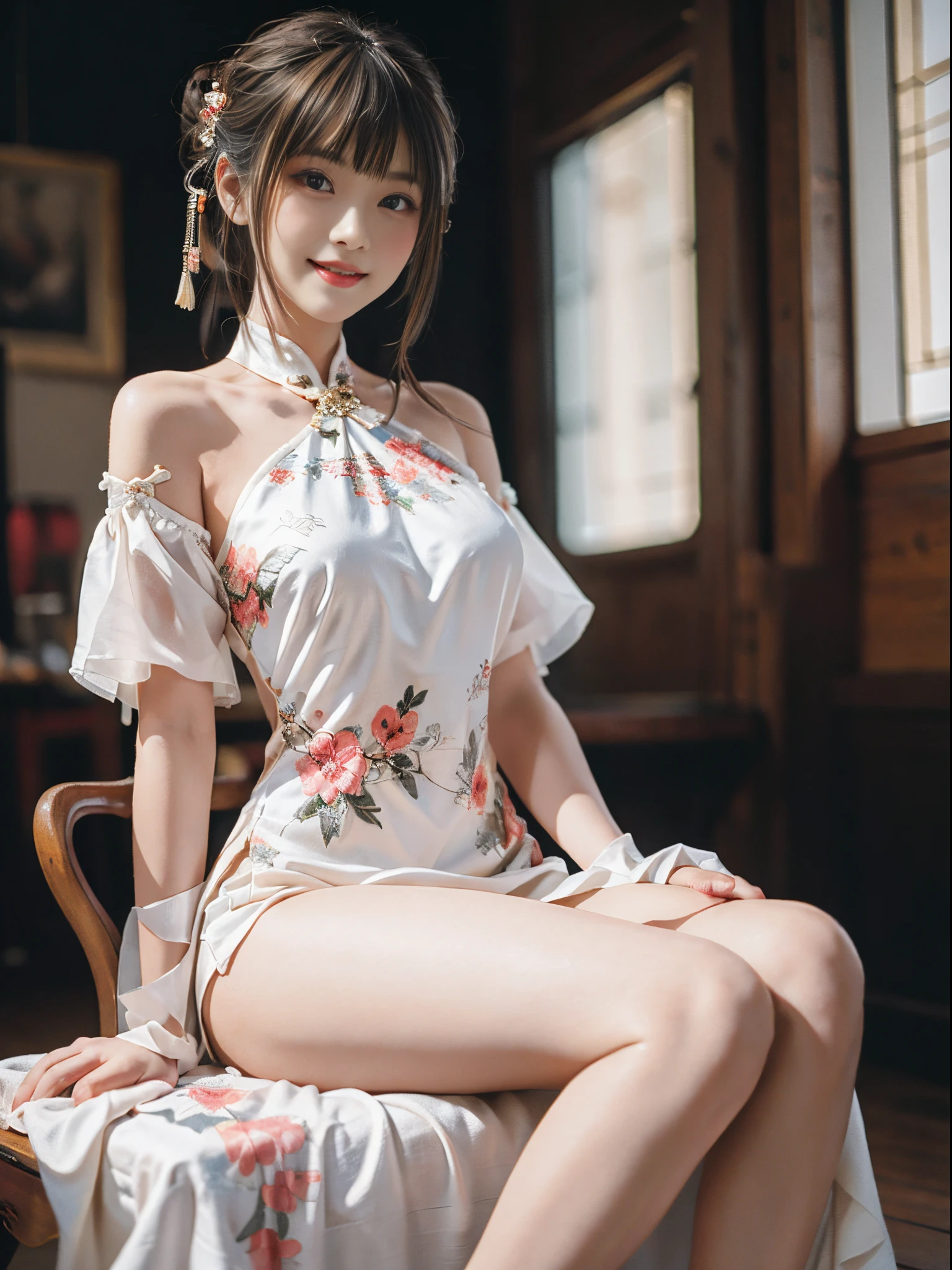 (Knee Shooting),pretty girl, sweet girl, Special clothing43,OK,cheongsam,hair accessories, In the room, Antique jewelry, sit on the chair, deck chair, cross legs, masterpiece, 最OK质量, extremely detailed description, Ultra-fine painting, delicate face, slim,grinning, sweet smile