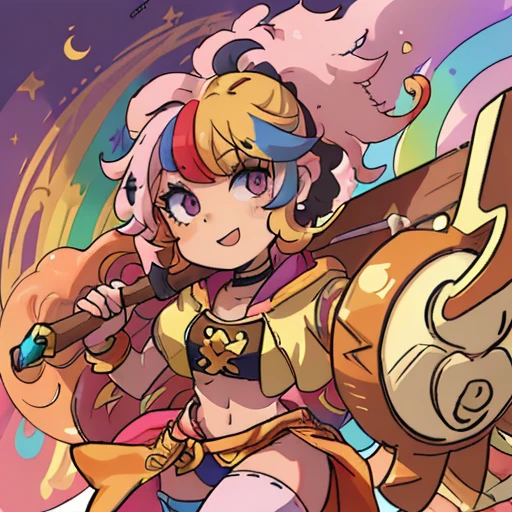 1Girl, gold_hair, carnival_outift, body_Muscular, Rainbow_eyes, axe, afro_hair, Giant_thighs,