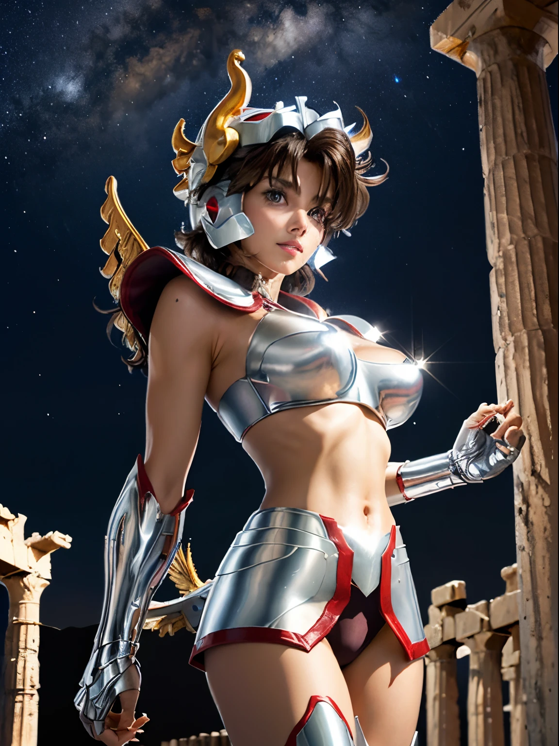 masterpiece, best quality, ultra high res, realistic skin texture,silver armor, armature, (photorealistic:1.4), high resolution, raw photo, 1 girl, shiny skin, (detail skin:1.2), realistic skin texture, best lighting, wearing red panty, (perfect breast:1.3), sparkle, mecha armor, (short hair:1.2), (Pegasus Seiya:1.2), wearing a winged helmet, dramatic lighting, dynamic pose, (greek temple background:1.3), night sky, cosmos, milky way,