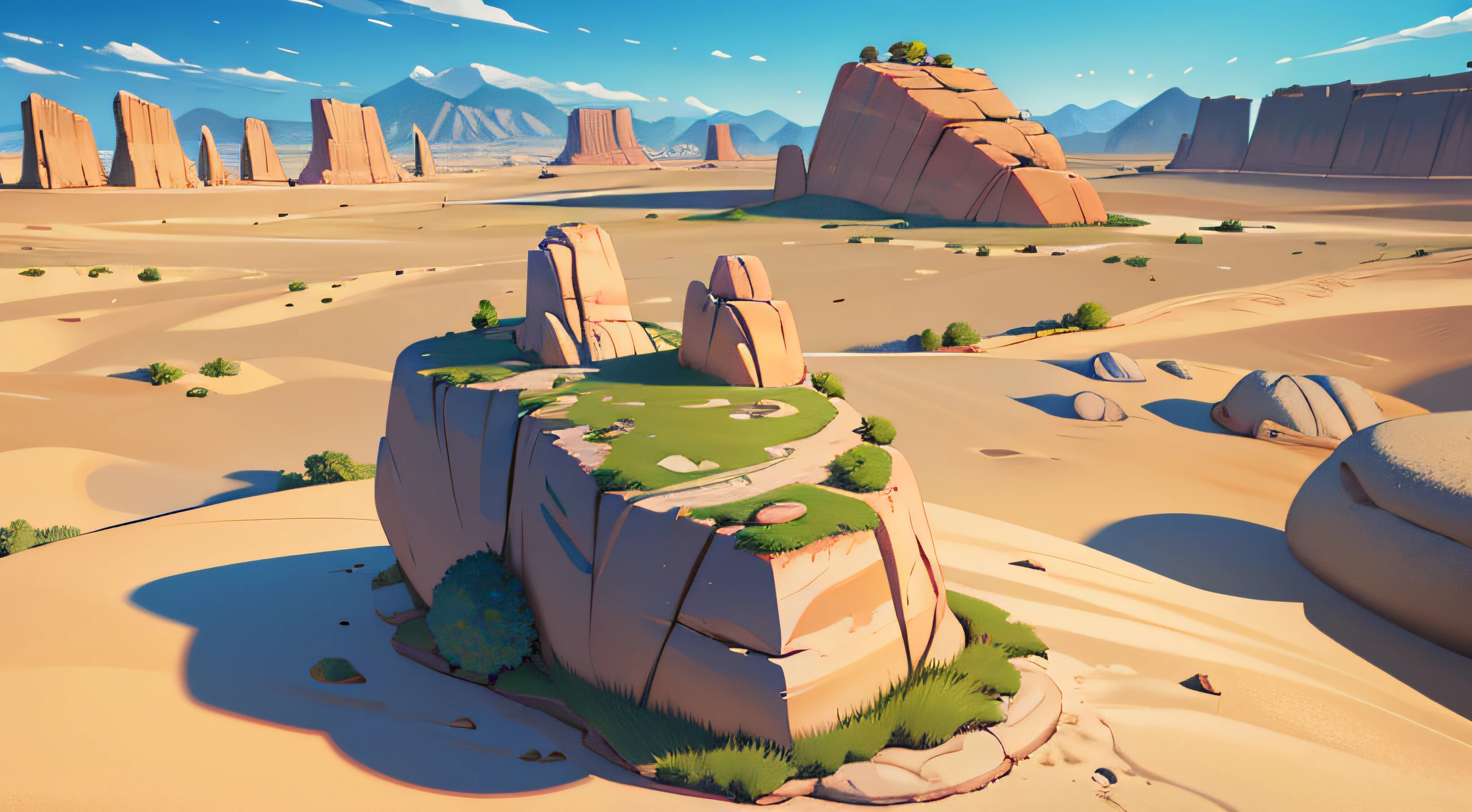 (illustrations : 1.0), photorealistic lighting, HD detail, 夏天, 12pm, desert, grass, sod, desert grass, huge rock area, rock formations, big stone, Rocky terrain, rock formation, top of rocky mountain, rocky terrain on desert sand, Looking down from a high place