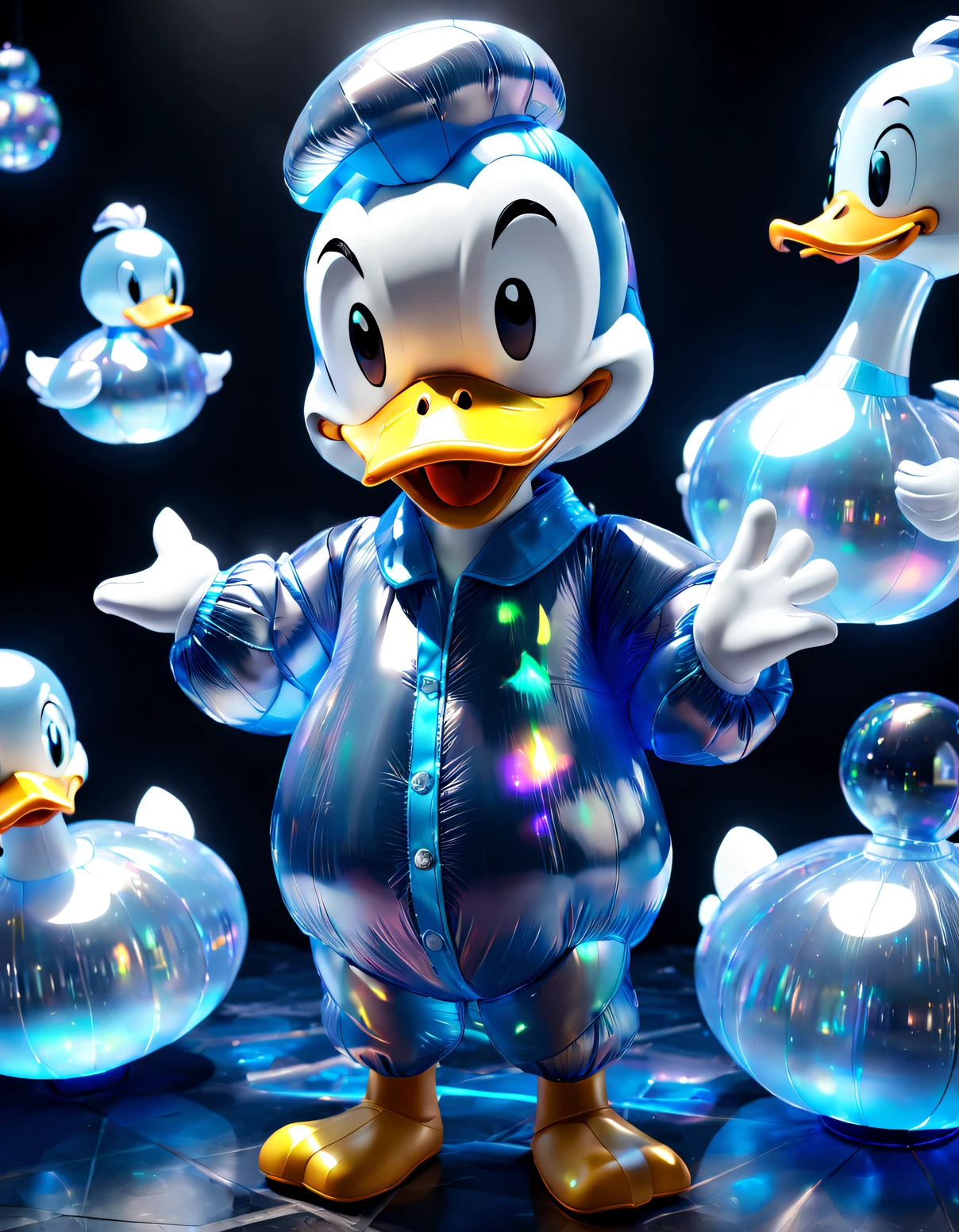 （Full body lesbian）, super adorable [Inflatable Donald Duck], Blue light fully transparent holographic pajamas, blindbox,  Exaggerated expressions, fluorescence, holography,, blueglow, holography, gentlesoftlighting,, 3D, ultra - detailed, c4d, Octagon rendering, Blander, 8K, k hd