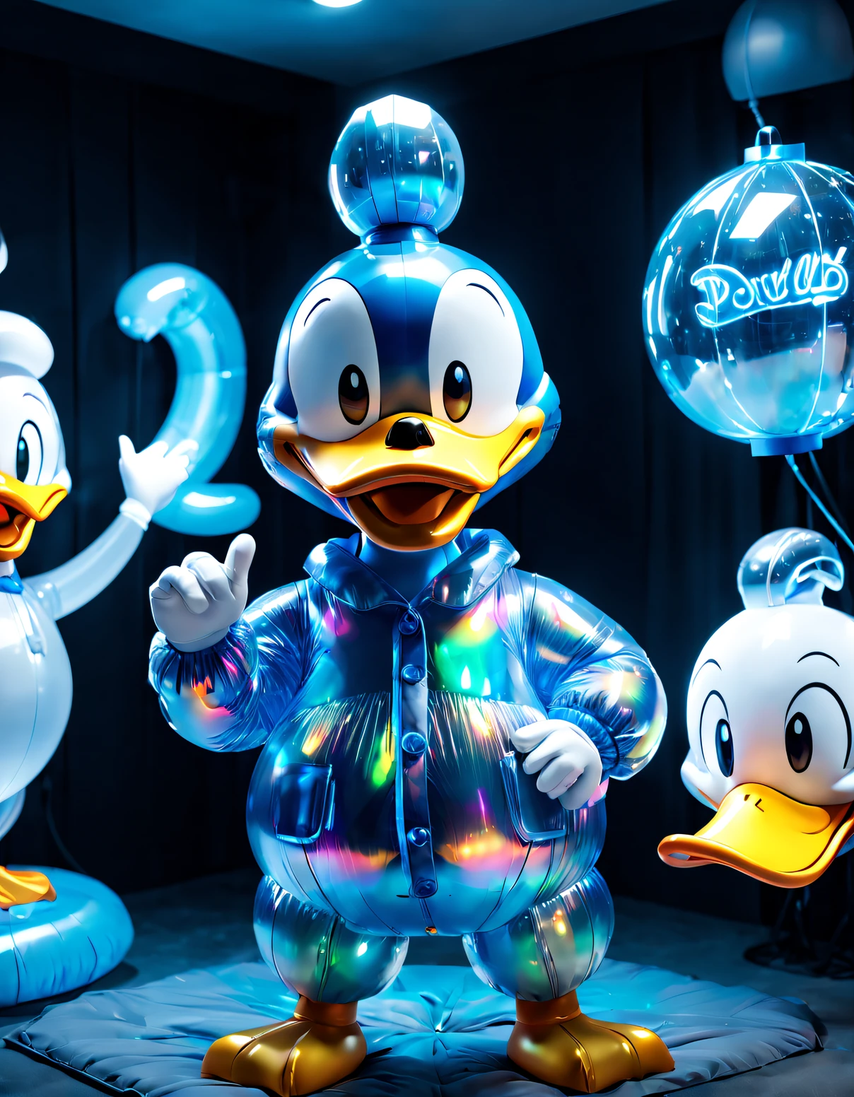 （Full body lesbian）, super adorable [Inflatable Donald Duck], Blue light fully transparent holographic pajamas, blindbox,  Exaggerated expressions, fluorescence, holography,, blueglow, holography, gentlesoftlighting,, 3D, ultra - detailed, c4d, Octagon rendering, Blander, 8K, k hd