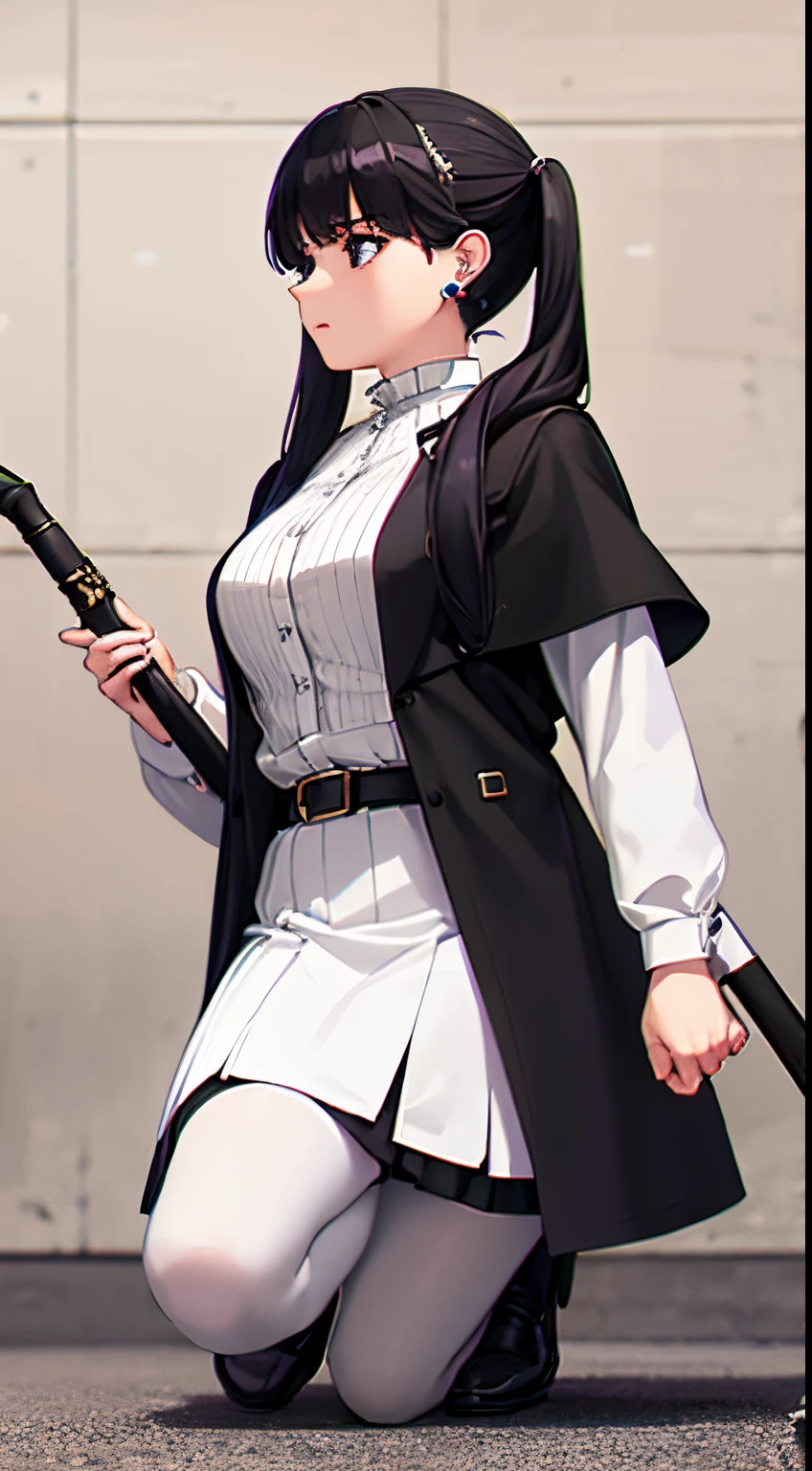 1girl, IncrsNikkeProfile, full body, zoom layer, holding weapon, holding staff, one knee, Frieren, twintails, earrings, FrierenBase, twintails, earrings, white capelet, striped shirt, white skirt, long sleeves, belt, black pantyhose,