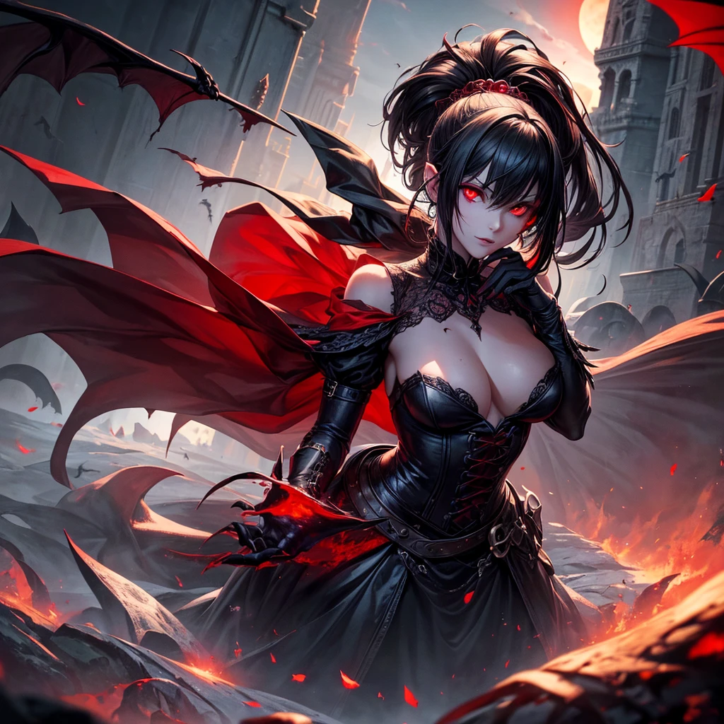Medium shot, full body, perfect body, showing her for proniment sharp canine sharp focus, woman focus (Best Illustration), 8k Resolution, Intricate Details, Best Quality, Realistic, Ultra Detailed, Best Lighting, Best Shadows, Ultra HD, BREAK A Necromancer, Night, dark Magical auras, Dark Style, Vampire, Bat wings, (( alot of bats flying around, fog, blood splash on the ground, blood moon, red sky, dark theme)), (shining red eyes:1.6),(blood on the body and face and eyes:1.2)BREAK masterpiece, high_res, Beautiful face, tyndall effect, photo realistic, (high detailed skin:1.2), 8k uhd, dslr, high quality, Photograph, high resolution,(extremely detailed), 8k, Bokeh, BREAK medium breasts, absurdres, ponytail contorted, best ratio four finger and one thumb, (gothic style castle background) , mature,tall body, gothic style dress