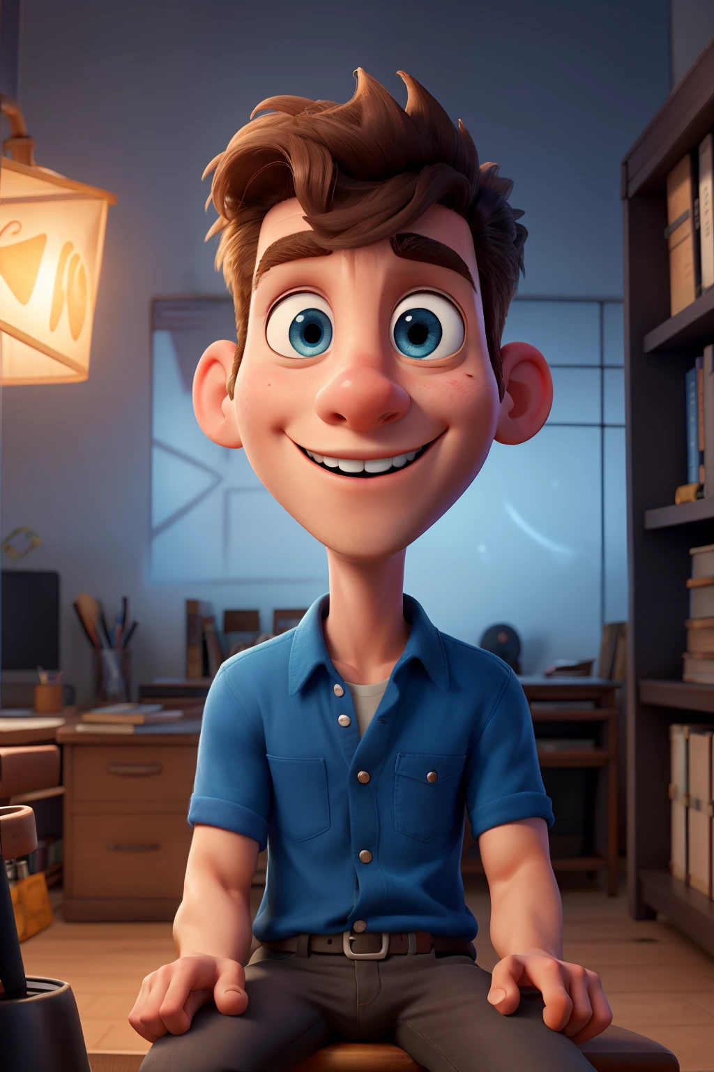Disney Pixar cartoon of a young male, perfect face, masterpiece, shaved head, blue eyes, smiling, sitting on a stool in front of a classic office full of old books and papers with shadow neon lights at a modern marble desk against filmmaker neon blue