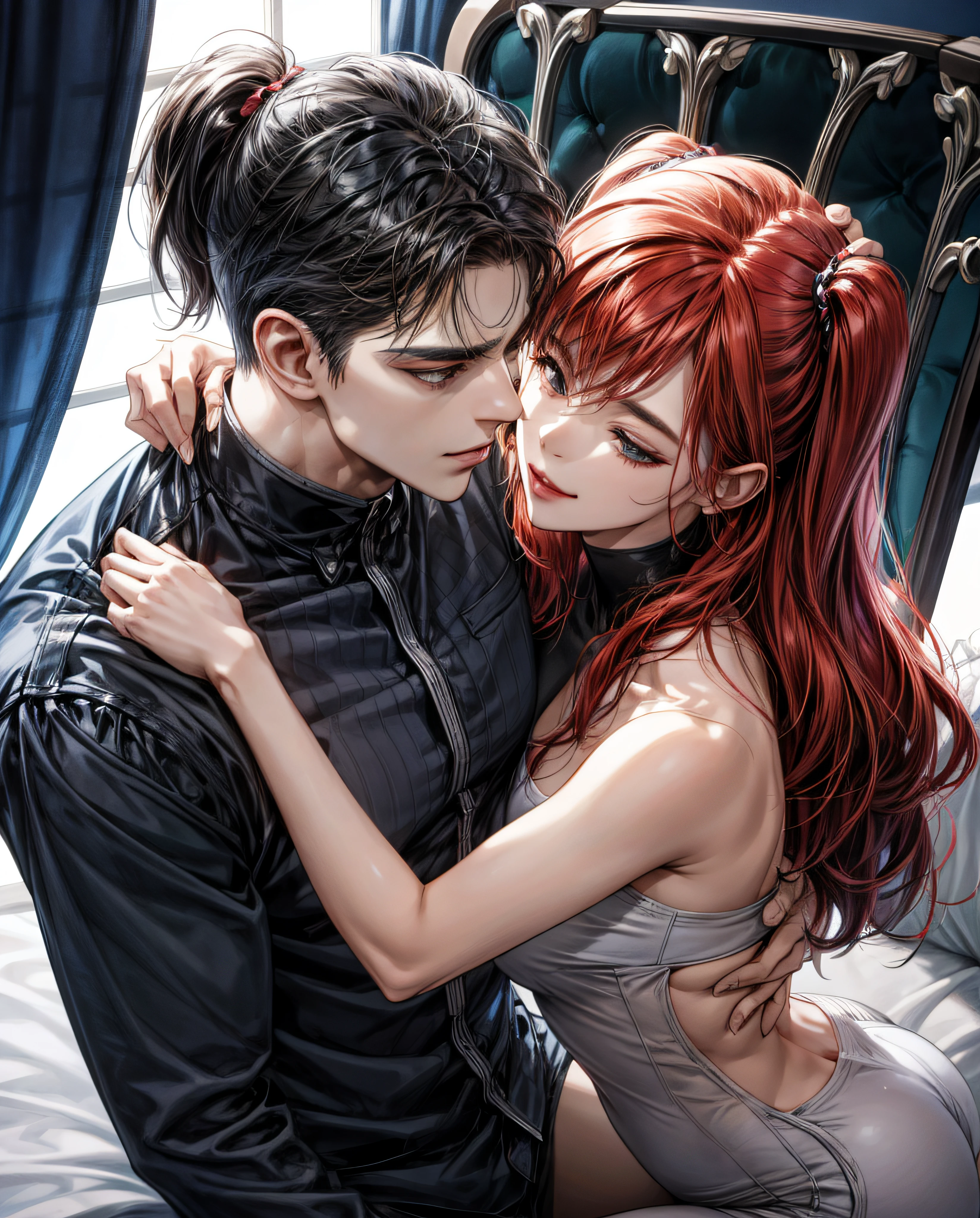 intimate pose between woman and man. . comic. frontal facing. pose refrence.