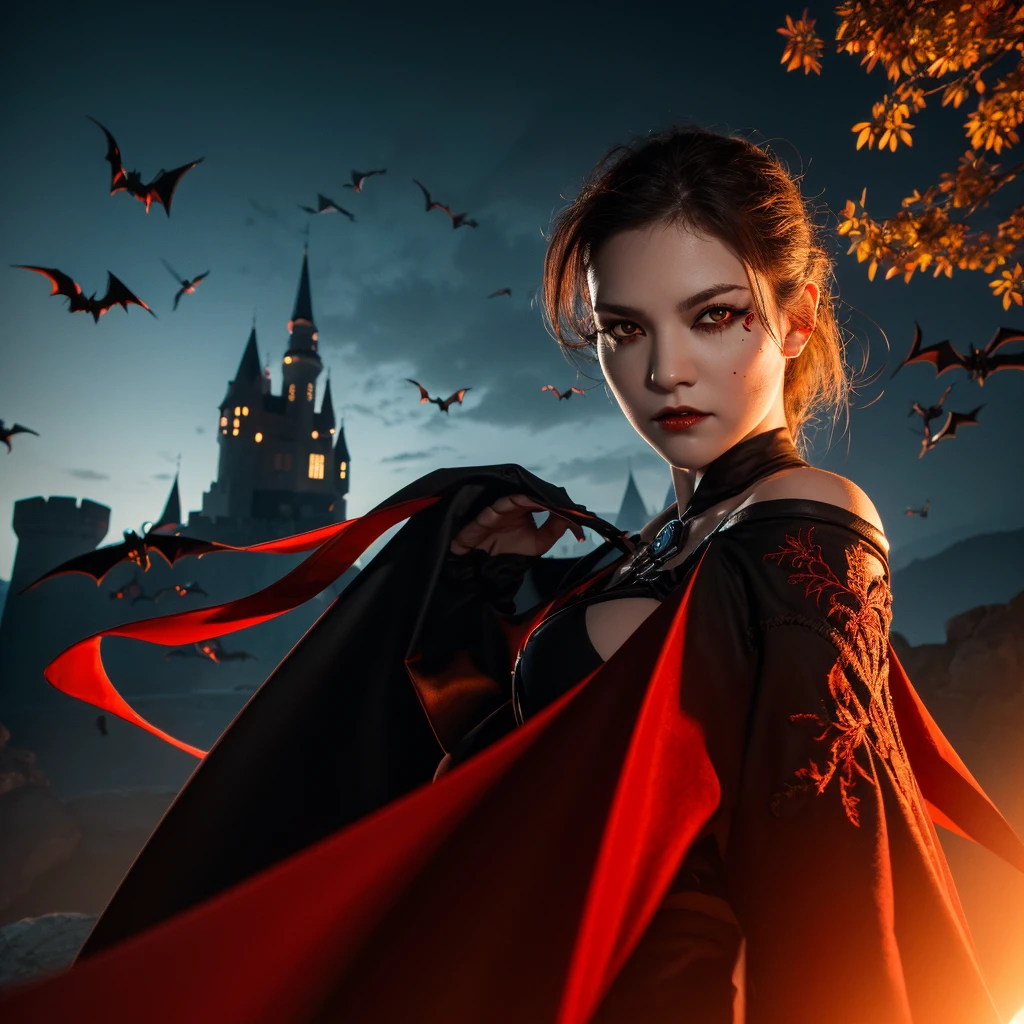 Medium shot, full body, perfect body, showing her for proniment sharp canine sharp focus, woman focus (Best Illustration), 8k Resolution, Intricate Details, Best Quality, Realistic, Ultra Detailed, Best Lighting, Best Shadows, Ultra HD, BREAK A Necromancer, Night, dark Magical auras, Dark Style, Vampire, Bat wings, (( alot of bats flying around, fog, blood splash on the ground, blood moon, red sky, dark theme)), (shining red eyes:1.6),(blood on the body and face and eyes:1.2)BREAK masterpiece, high_res, Beautiful face, tyndall effect, photo realistic, (high detailed skin:1.2), 8k uhd, dslr, high quality, Photograph, high resolution,(extremely detailed), 8k, Bokeh, BREAK medium breasts, absurdres, ponytail contorted, best ratio four finger and one thumb, (gothic style castle background) , mature,tall body, gothic style dress