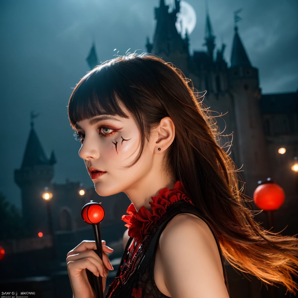 Medium shot, full body, perfect body, showing her for proniment sharp canine sharp focus, woman focus (Best Illustration), 8k Resolution, Intricate Details, Best Quality, Realistic, Ultra Detailed, Best Lighting, Best Shadows, Ultra HD, BREAK A Necromancer, Night, dark Magical auras, Dark Style, Vampire, Bat wings, (( alot of bats flying around, fog, blood splash on the ground, blood moon, red sky, dark theme)), (shining red eyes:1.6),(blood on the body and face and eyes:1.2)BREAK masterpiece, high_res, Beautiful face, tyndall effect, photo realistic, (high detailed skin:1.2), 8k uhd, dslr, high quality, Photograph, high resolution,(extremely detailed), 8k, Bokeh, BREAK medium breasts, absurdres, ponytail contorted, best ratio four finger and one thumb, (gothic style castle background) , mature,tall body, gothic style dress