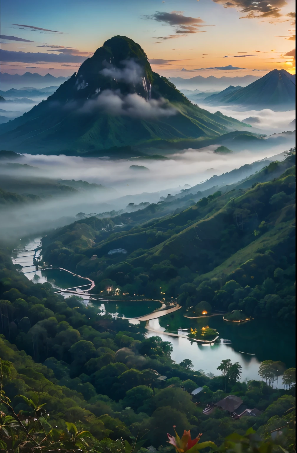 tropical forest, mystical mountain, dreamy scene, Indonesia National Geographic, in a serene landscape, Mystical scene, Mysterious lake, serene environment, Early morning light, stunning atmosphere, morning river, enchanting and otherworldly, lost in a dreamy fairy landscape, lots of flower
