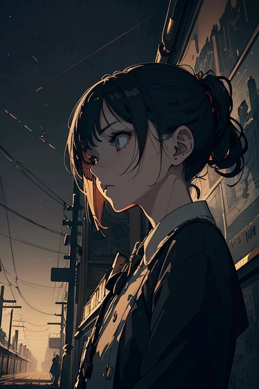 (masterpiece1.2), (high resolution1.3), (top quality), (super delicate), ((Draft cartoon style)), ((wallpaper)), ((Diverse angles)), Comic Style Illustrations, (drawing style), Outline warm color, eerie, horror factor1/2, ((station attendant)), (Distinctive hair style), (Creative accessories), (individualistic atmosphere), Eerie worldview, Suspicious atmosphere, dark fantasy, Fantasy Town, extra