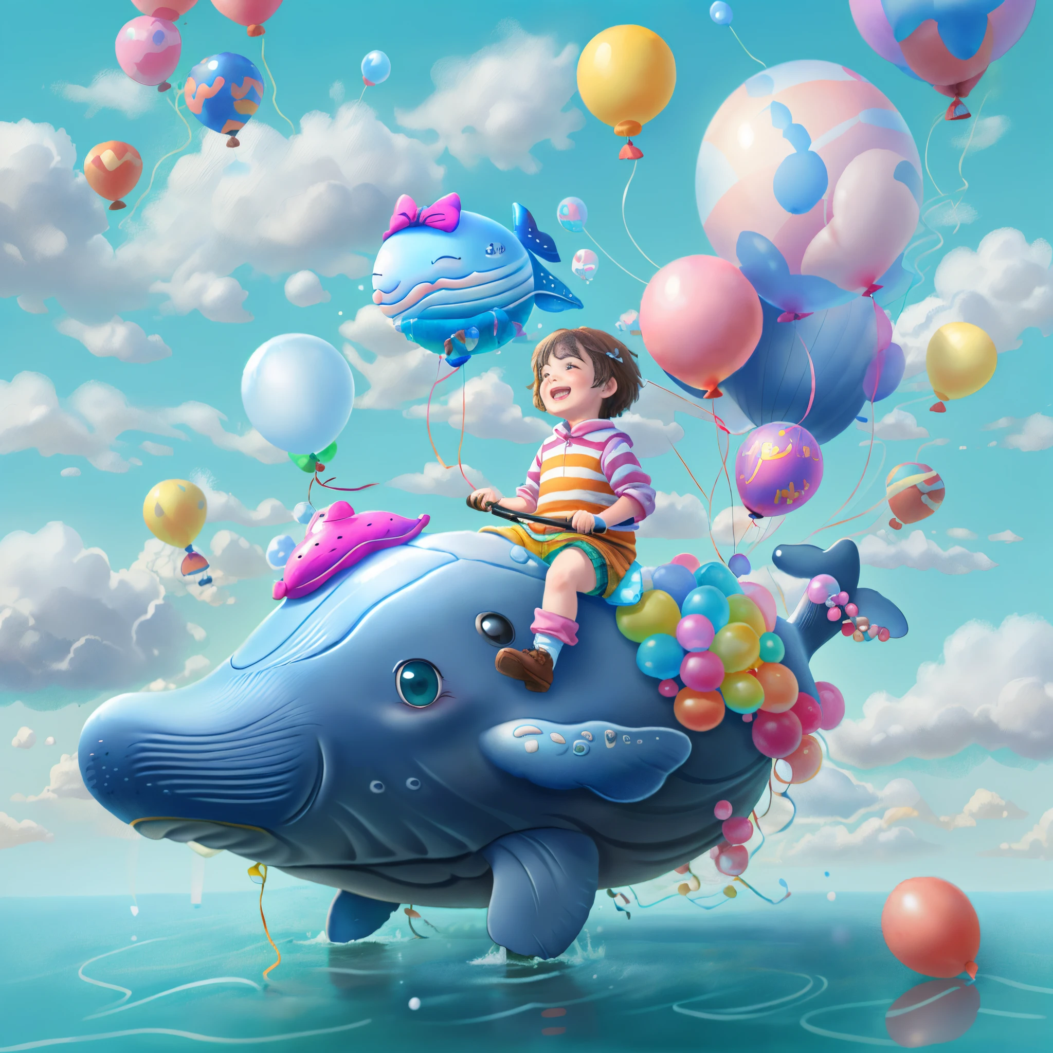 ((1 child riding a whale made of balloons))，Laugh happily，Fly in the clouds，balloons，with blue sky and white clouds，looks into camera, Cute and detailed digital art, lovely digital painting, Cute balloon whale, Lovely detailed artwork, Cute 3d rendering, digital painting very detailed, Cute and colorful, adolable, Highly detailed digital artwork, Detailed and colorful