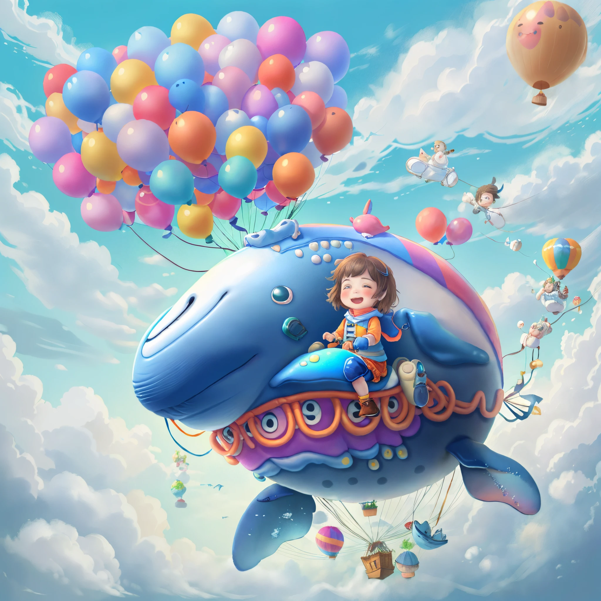 ((1  riding a whale made of balloons))，Laugh happily，Fly in the clouds，balloons，with blue sky and white clouds，looks into camera, Cute and detailed digital art, lovely digital painting, Cute balloon whale, Lovely detailed artwork, Cute 3d rendering, digital painting very detailed, Cute and colorful, adolable, Highly detailed digital artwork, Detailed and colorful