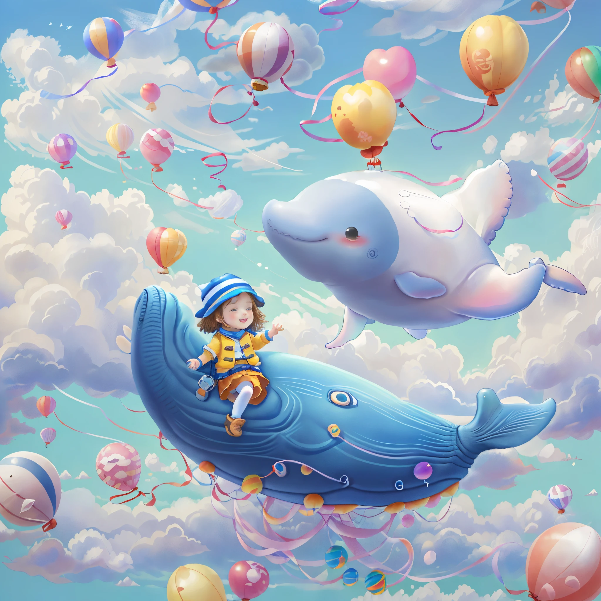 ((1 child riding a whale made of balloons))，Laugh happily，Fly in the clouds，balloons，with blue sky and white clouds，looks into camera, Cute and detailed digital art, lovely digital painting, Cute balloon whale, Lovely detailed artwork, Cute 3d rendering, digital painting very detailed, Cute and colorful, adolable, Highly detailed digital artwork, Detailed and colorful