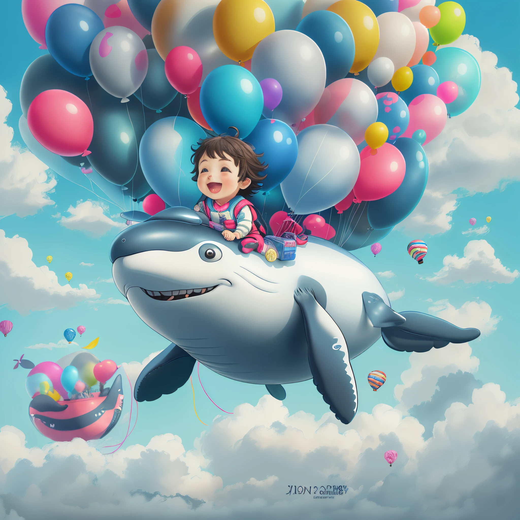 A child, riding a whale, laughing happily, flying in the clouds, balloons, blue sky and white clouds, looking at the camera