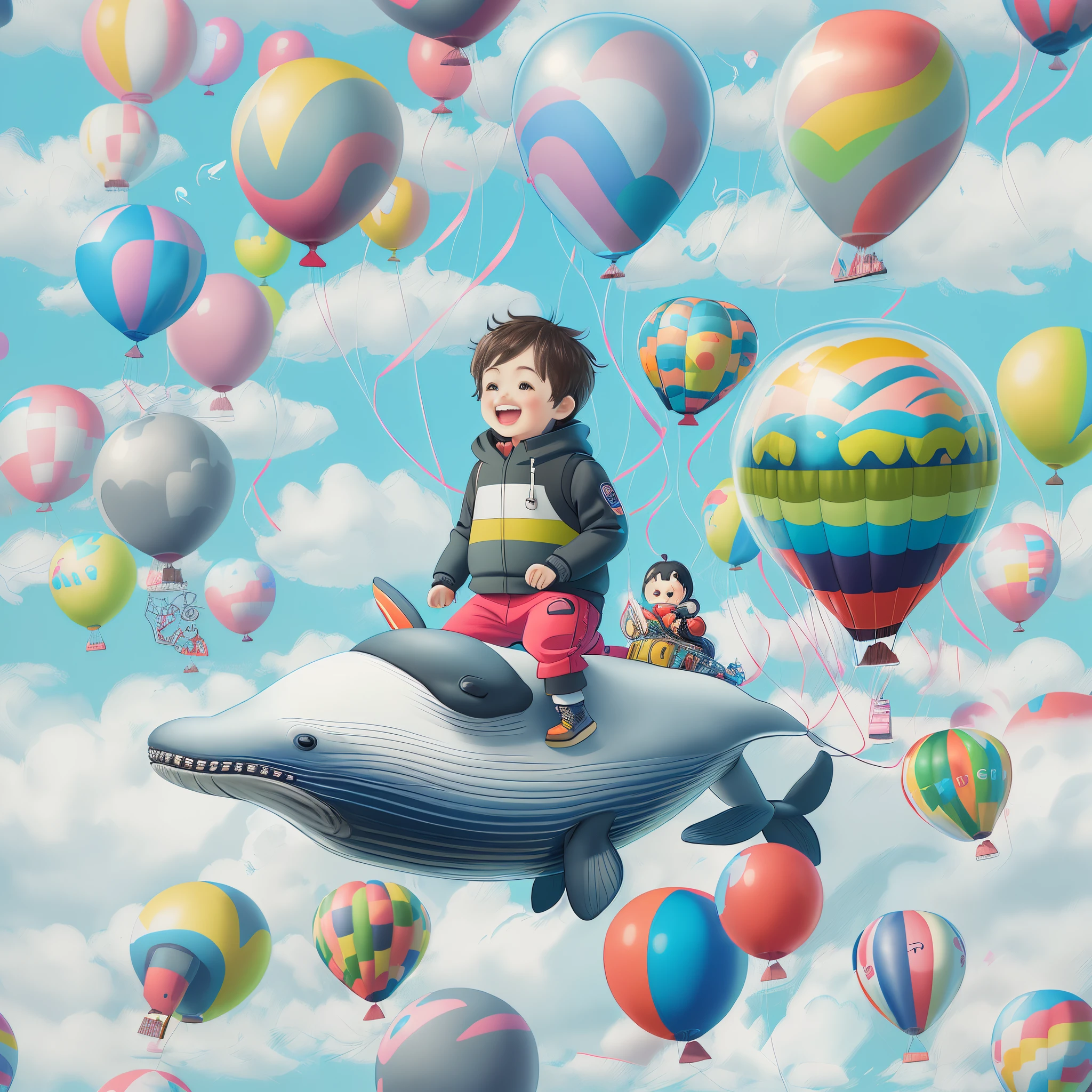 cute baby whales in the clouds, baby riding whale in the clouds, best quality, colorful, enchanting, whimsical