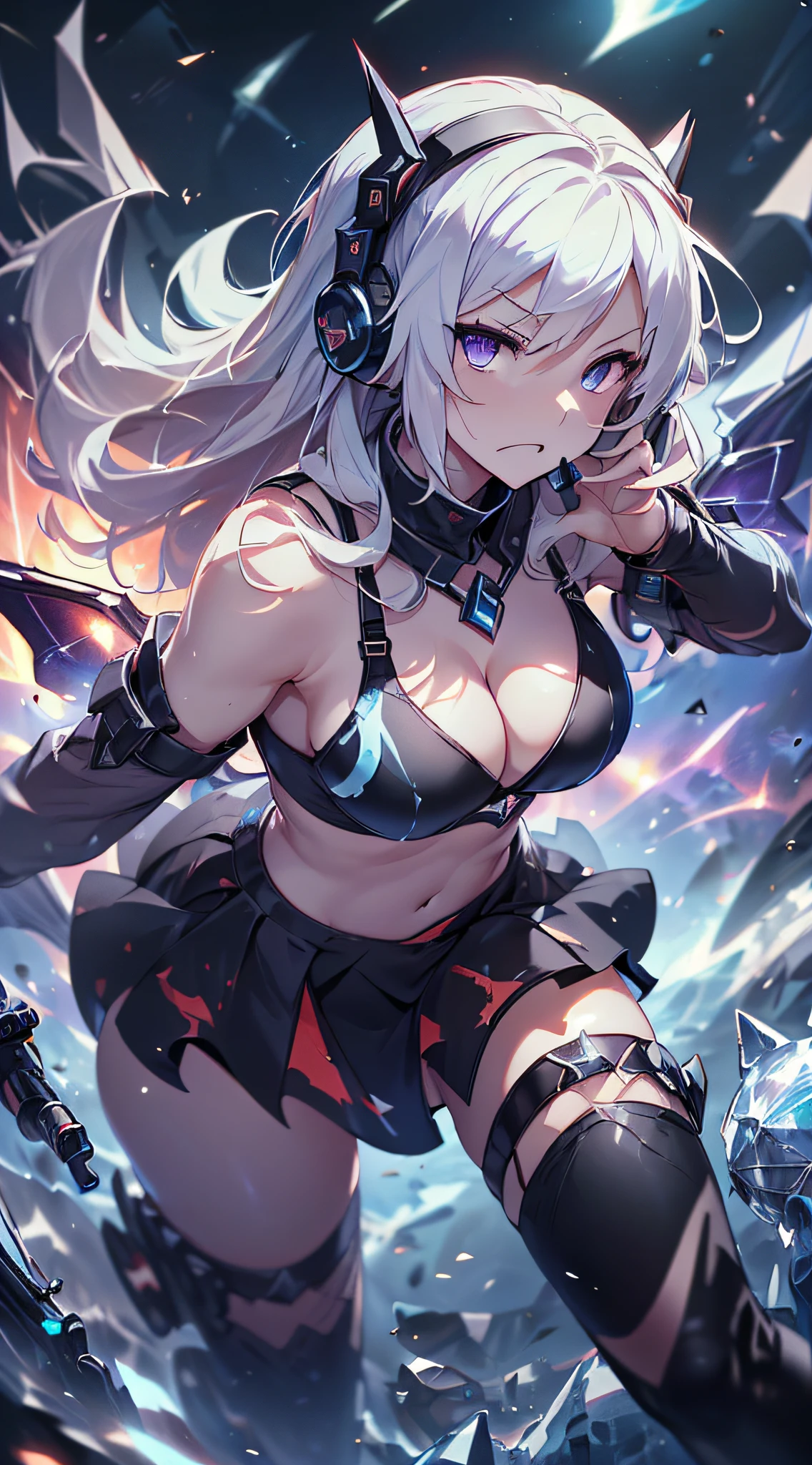 top-quality、Top image quality、masterpiece、girl with((Red short skirt、Black Bikini、White suit、glowing mechanic suit、18year old、r、cute little、Best Bust、big bast,Beautiful shining purple eyes、Breasts wide open, a blond、Longhaire、A slender,Large valleys、belligerent movements,sharp claws、With sniper rifle、head phone、black bright wings、fighting poses、Bad face、splatters、Feeling of sprinting)),hiquality、Beautiful Art、Background with((Space Battlefield)))、Depth(planet earth),masutepiece、depth of fields,Cinematic style