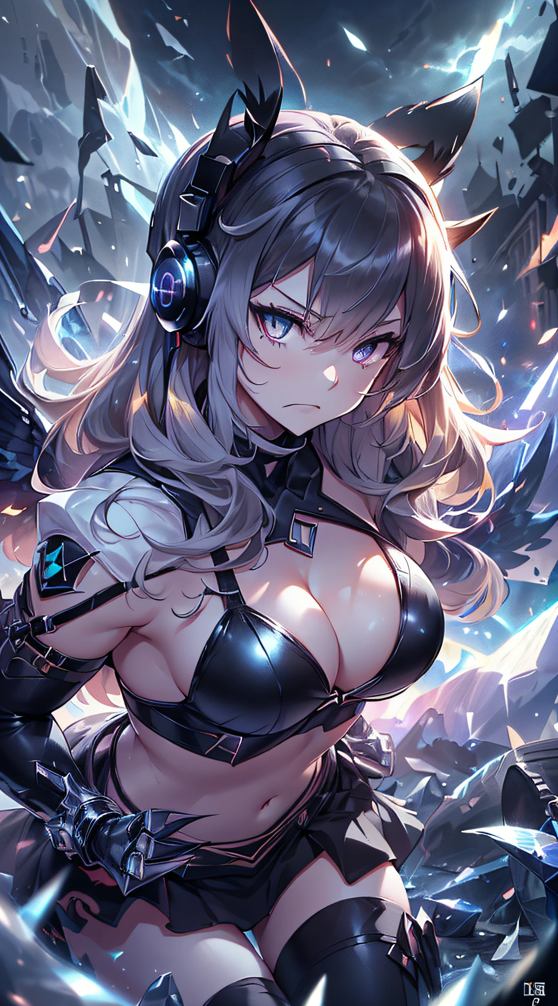 top-quality、Top image quality、masterpiece、girl with((Red short skirt、Black Bikini、White suit、glowing mechanic suit、18year old、r、cute little、Best Bust、big bast,Beautiful shining purple eyes、Breasts wide open, a blond、Longhaire、A slender,Large valleys、belligerent movements,sharp claws、With sniper rifle、head phone、black bright wings、fighting poses、Bad face、splatters、Feeling of sprinting)),hiquality、Beautiful Art、Background with((Space Battlefield)))、Depth(planet earth),masutepiece、depth of fields,Cinematic style