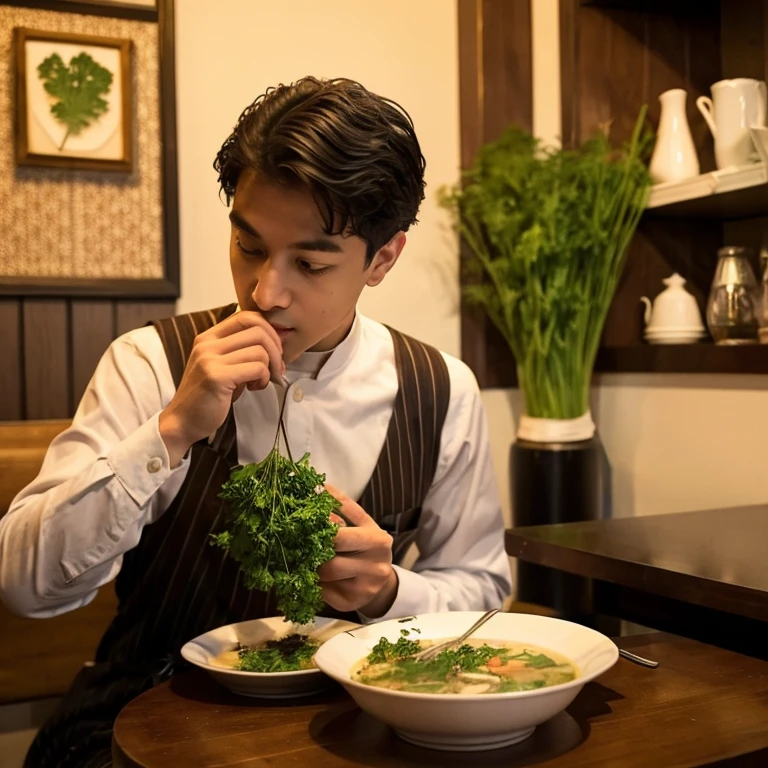 My boyfriend puts parsley in the soup during a dinner date.