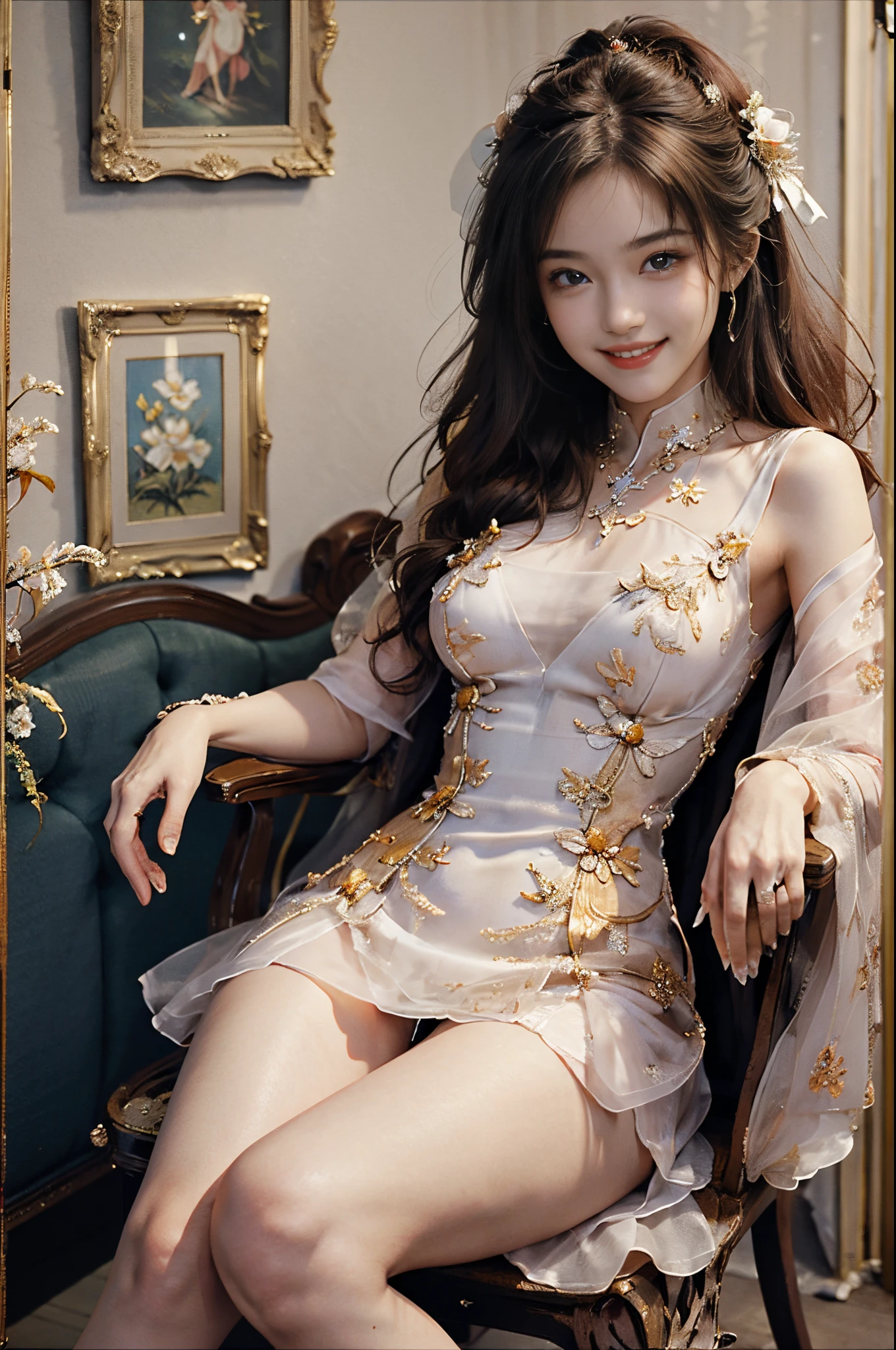 (knee shot),Pretty girl, young female model, Sweet maiden, evening dress S9,flower, inside in room, sit on chair, deck chair, Cross ed leg, tmasterpiece, best qualtiy, Extremely detailed description, Ultra-fine painting, delicated face, slim toned body,grin, Hefty Smile
