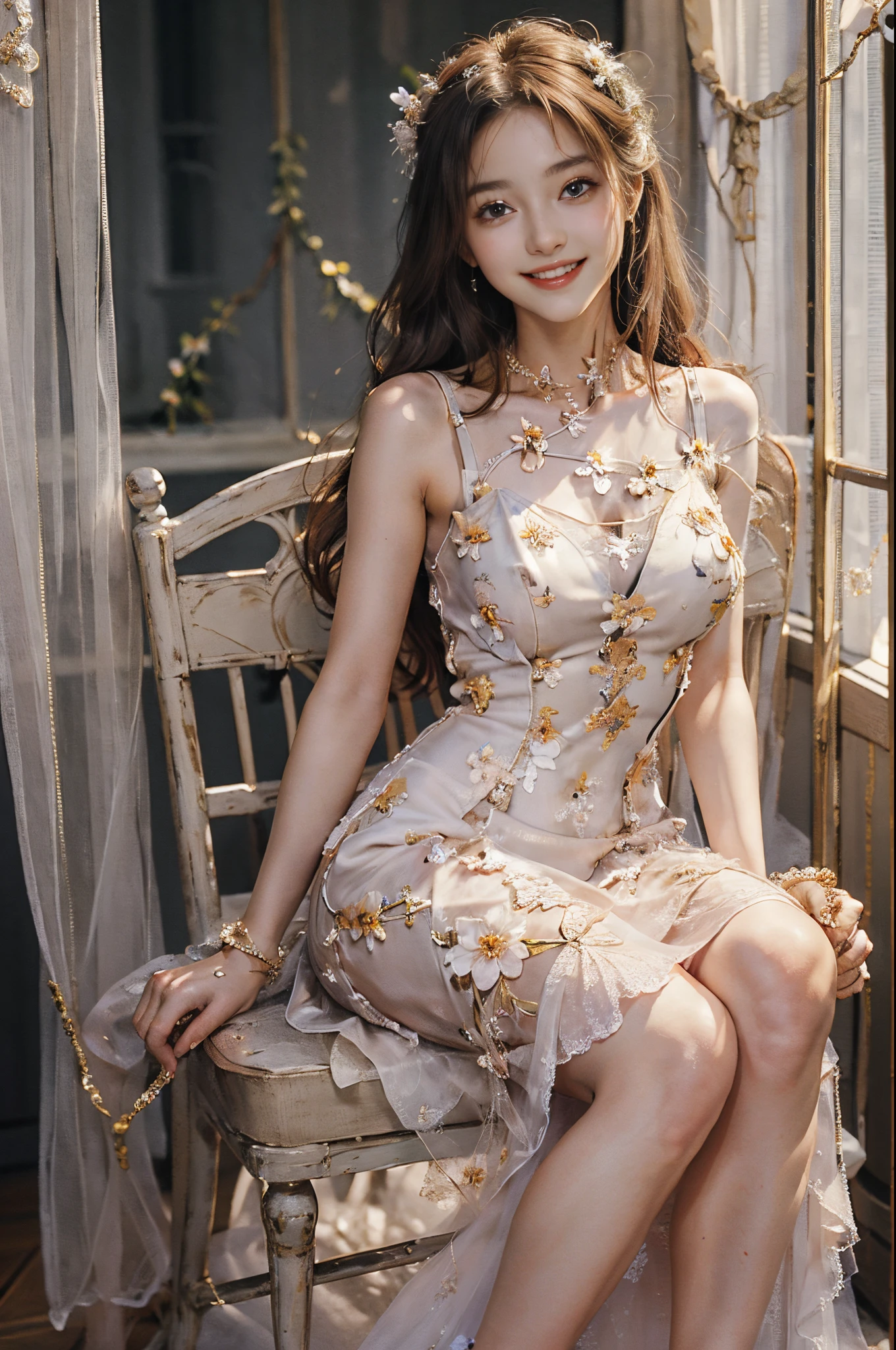 (knee shot),Pretty girl, young female model, Sweet maiden, evening dress S9,flower, inside in room, sit on chair, deck chair, Cross ed leg, tmasterpiece, best qualtiy, Extremely detailed description, Ultra-fine painting, delicated face, slim toned body,grin, Hefty Smile