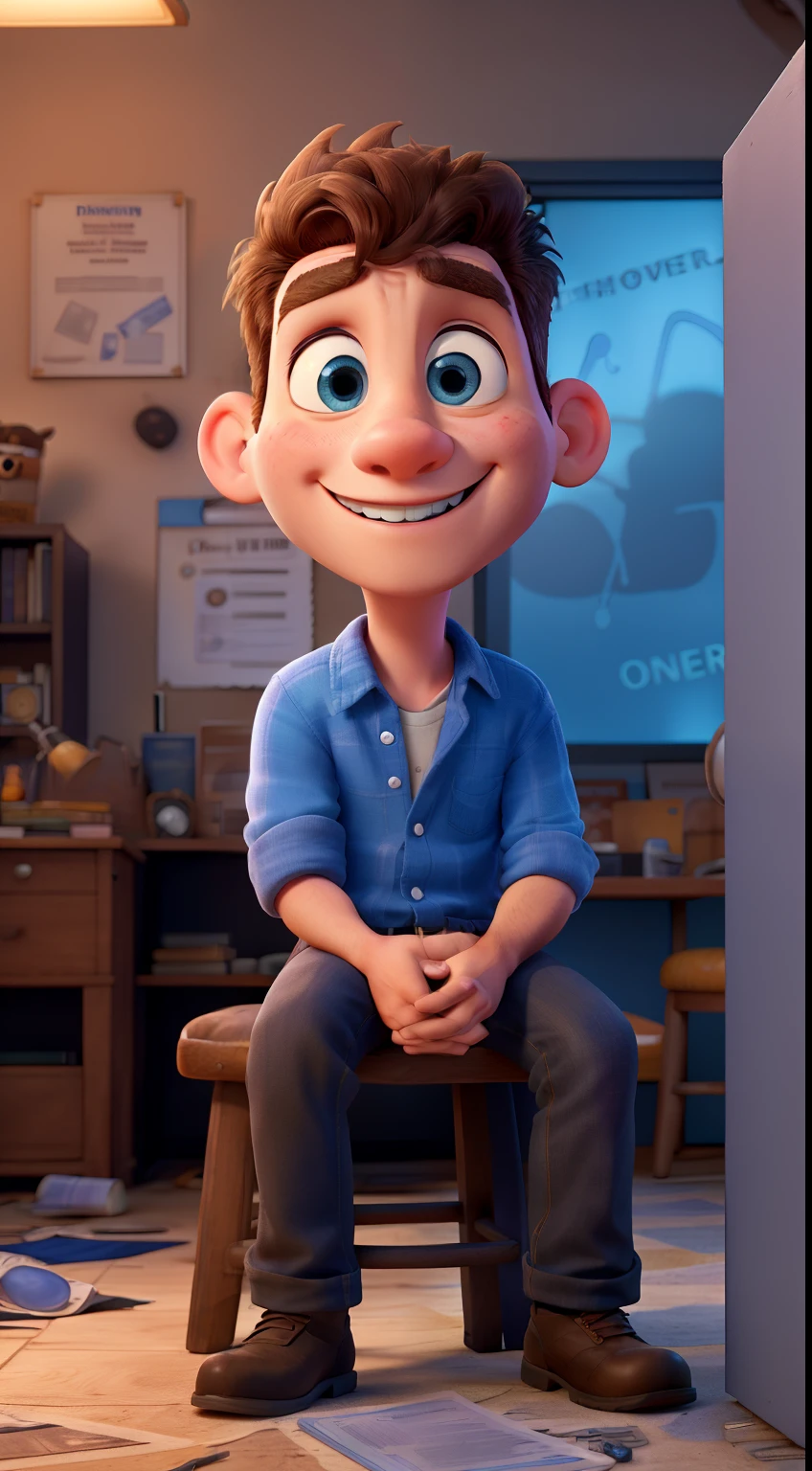 Disney Pixar cartoon of a young male, perfect face, masterpiece, shaved head, blue eyes, smiling, sitting on a stool in front of a classic office full of old books and papers with shadow neon lights at a modern marble desk against filmmaker neon blue