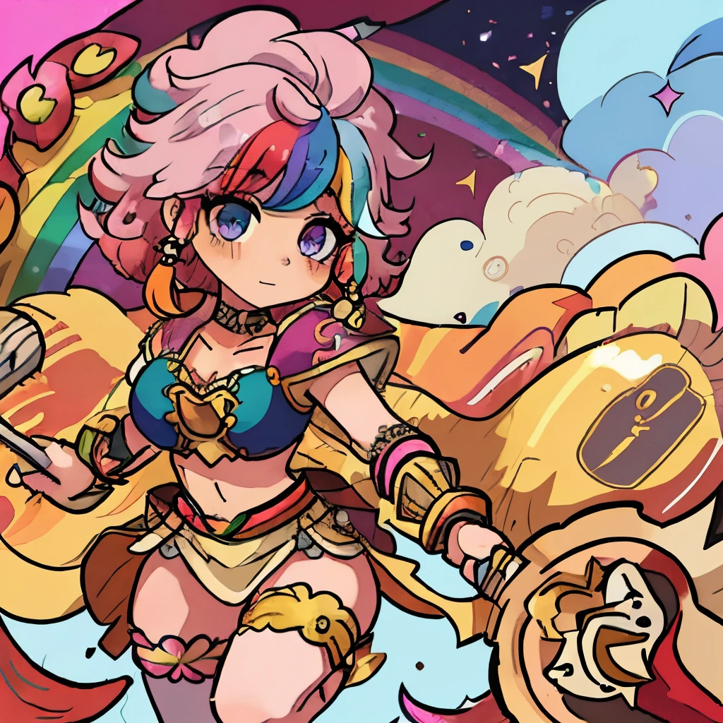 1Girl, gold_hair, carnival_outift, body_slim, Rainbow_eyes, axe, afro_hair, Giant_thighs