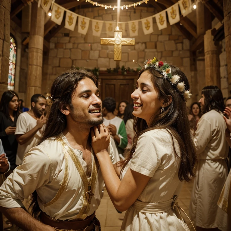 In a setting that evokes biblical times, I glimpse the radiant joy of a sacred union. Os noivos, em festa, intertwine their destinies, as friends and family share in this loving celebration. Take inspiration from the visual narrative of Jesus’ time to portray this scene of harmony and festivity.