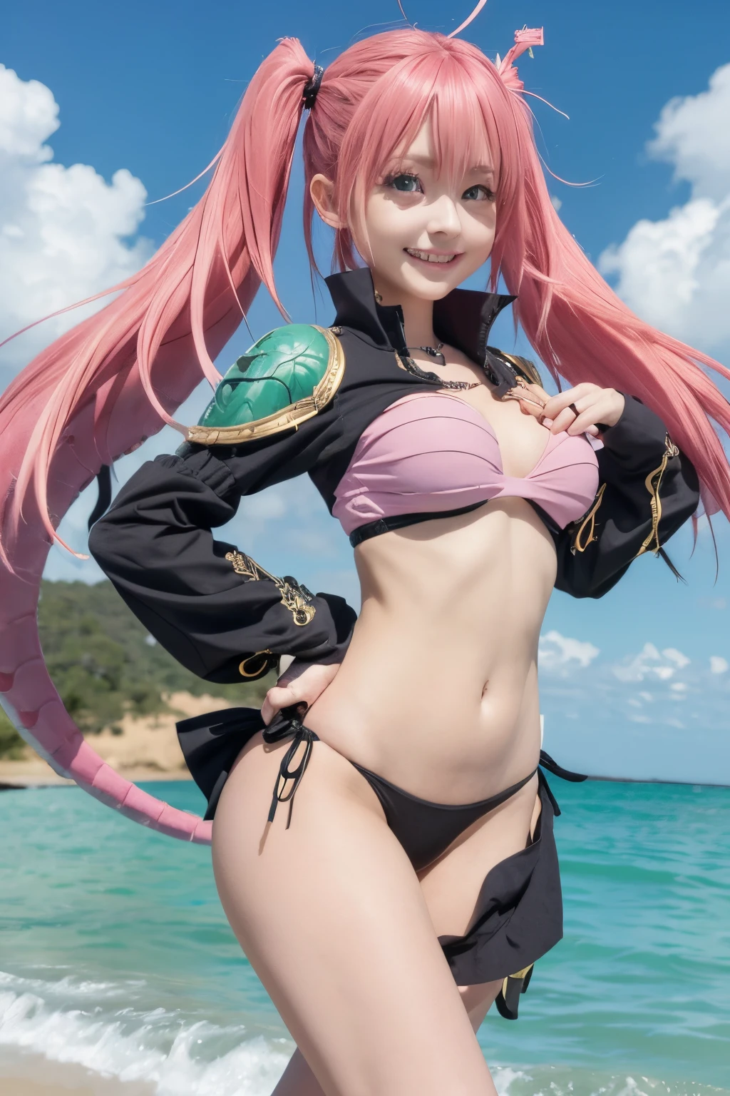 masuter piece, Best Quality, 超A high resolution, top-quality, Anime style, Best Lighting, Beautiful face, 女性1人、tensei shitara slime datta ken（((milim nava))), demon king、The body of Mirim Nava's masterpiece、High Quality Bikini Armor、Black Bikini Armor、Accurate Mirim Surface Area、blue eyes、Behold Evil、A pink-haired、Bicordal、Proud double tail、Barefoot, Medium Feet, Super high quality rounded fingers, ultra-detailliert, Rounded nails painted with ultra-elaborate black nail polish、medium breasts⁩、A smile、huge smile、Great Ahogue, fully body photo, muscular belly, in beach, Ultra-detailed and realistic legs, hyperdetailed face, Perfect settings, (((Prepare for battle))), (((stare at the dragon))), 13years, Japan Faces