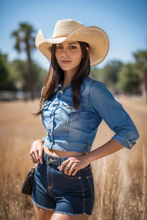 (best quality, high resolution, 8k, ultra-detailed, realistic:1.37), cowgirl, cowboy hat, indigo denin shorts, shiny tights