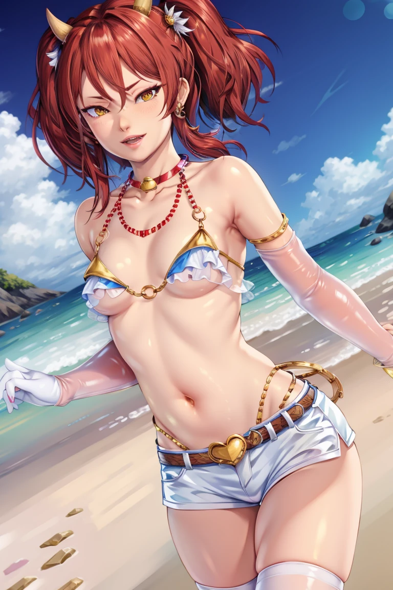 (kanna), realistic, 1girl, solo, twintails, bikini, white shirt, short shorts, small breast, navel, (face focus), (o-ring:1.2), jewelry, necklace, belt, golden chain, thighhighs, heart shape, elbow gloves, looking at viewer BREAK masterpiece, best quality, glowing skin, shiny skin, oily skin, mature women, seaside, beach, blue sky